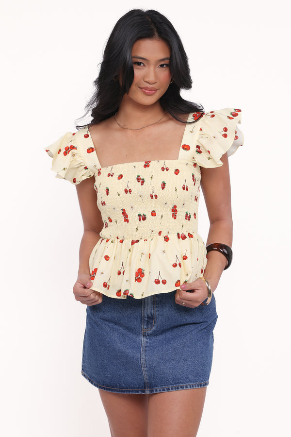 TOPS Remira Smocked Ruffle Top - Yellow Cherry