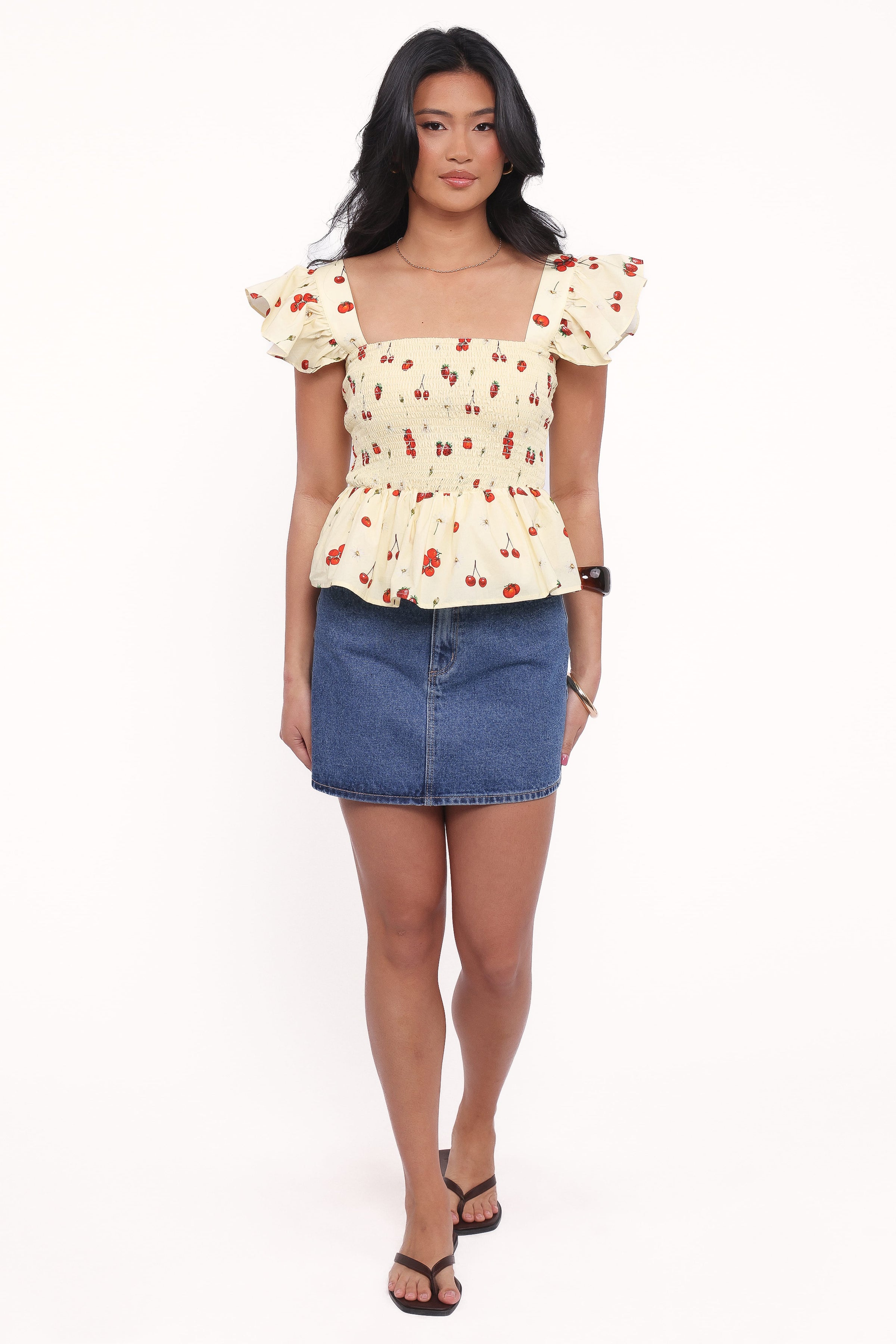 TOPS Remira Smocked Ruffle Top - Yellow Cherry