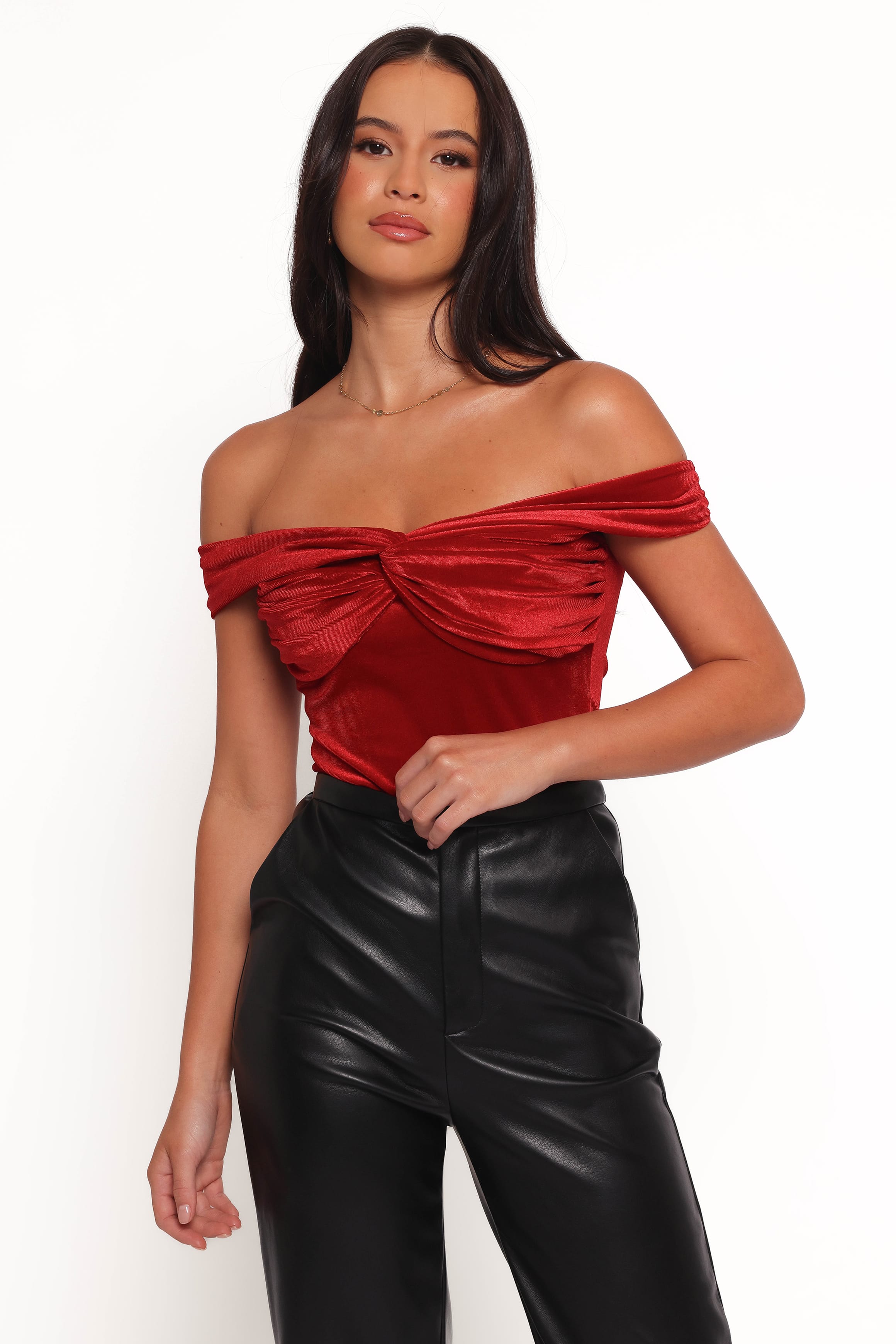 TOPS Rita Velvet Off Shoulder Top - Red