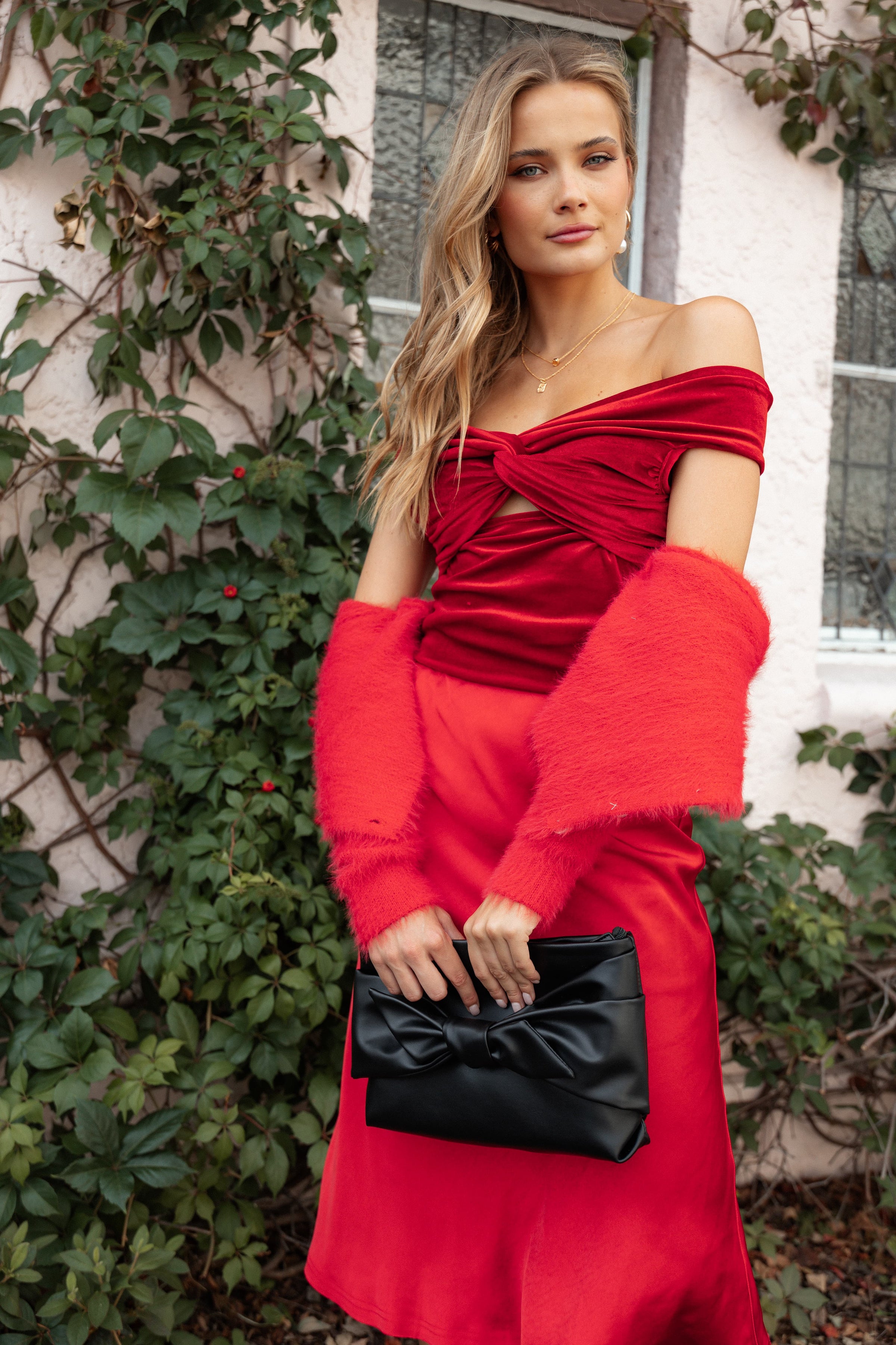 TOPS Rita Velvet Off Shoulder Top - Red