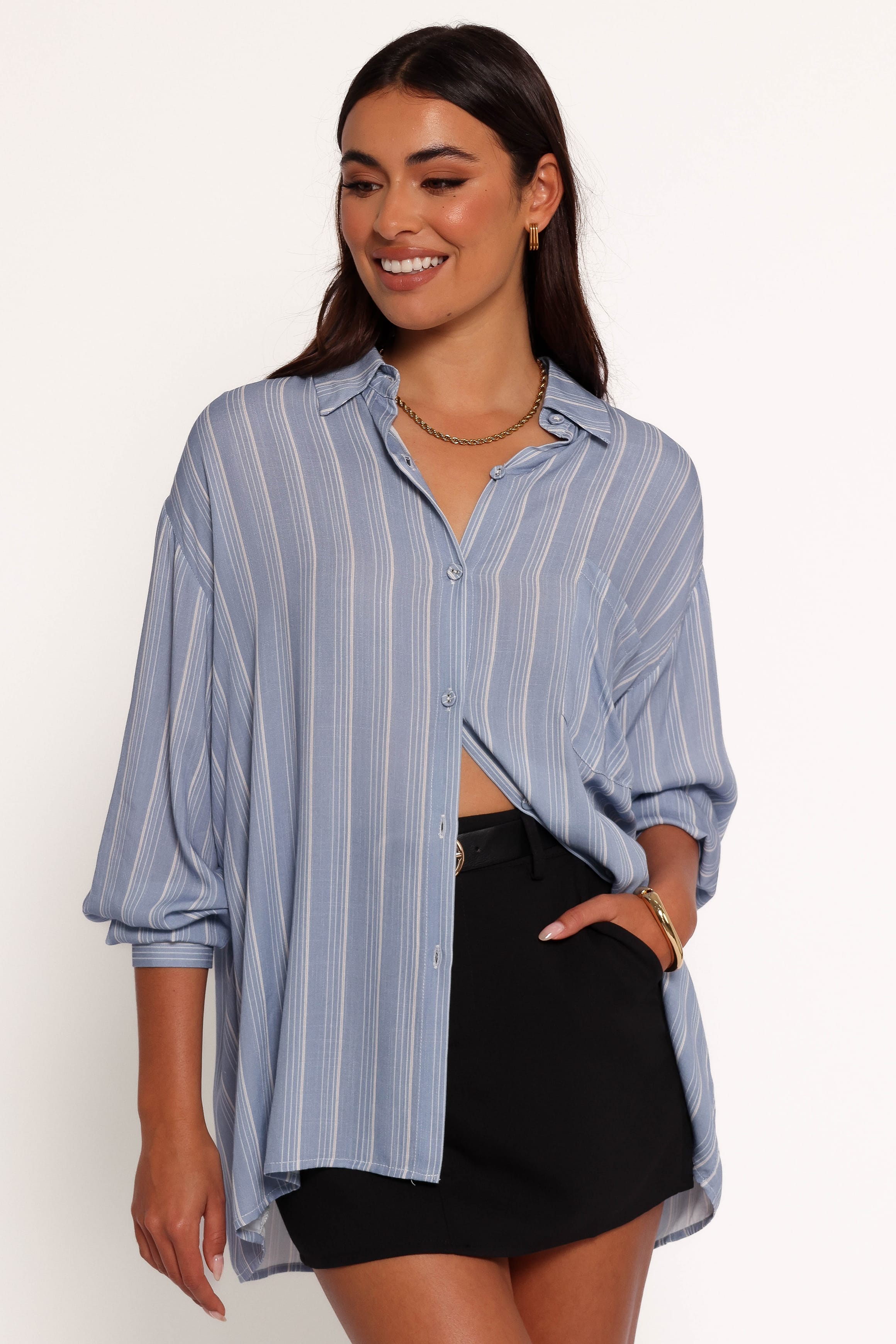 TOPS Rixo Button Down Top - Blue Stripe