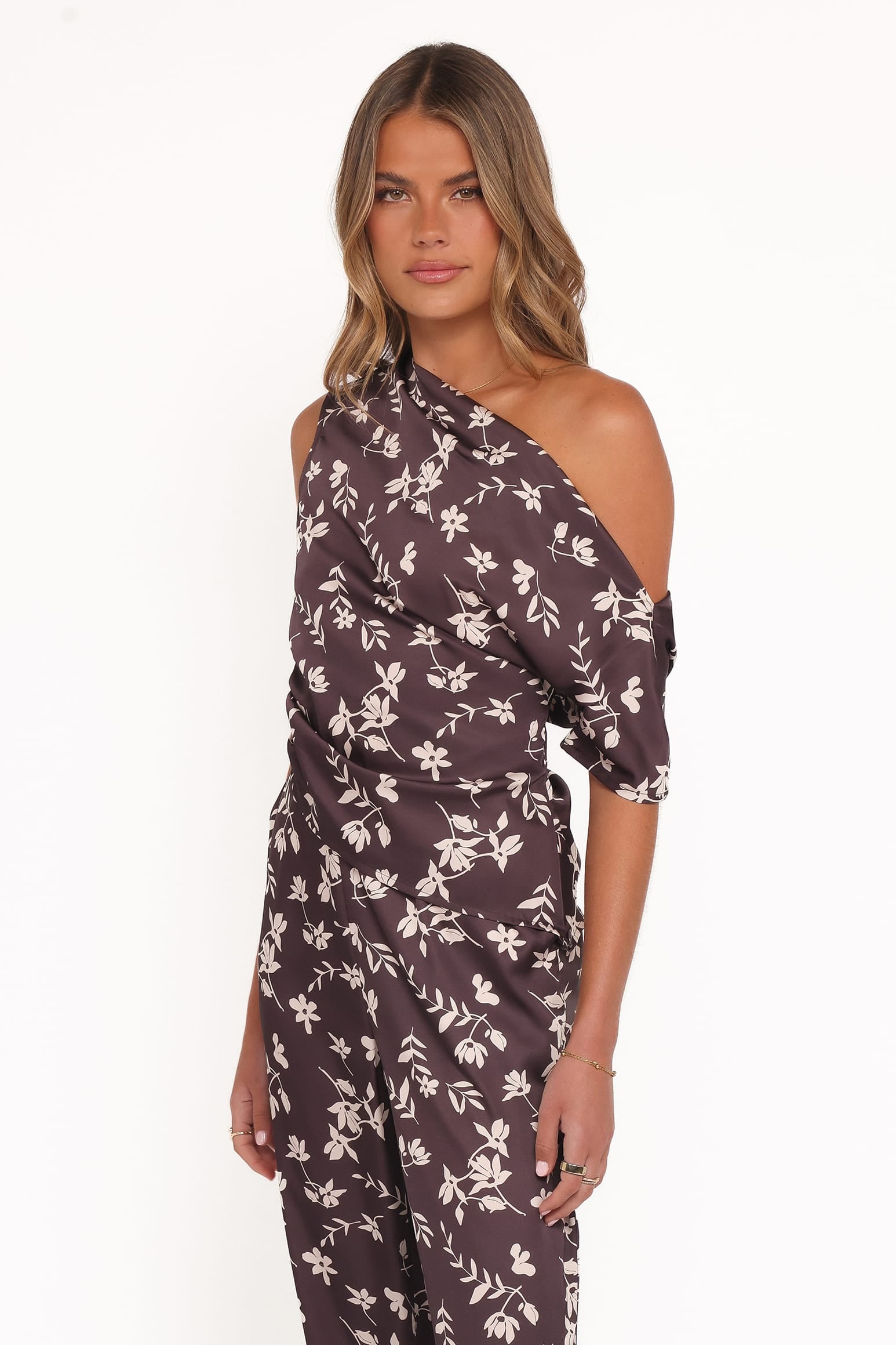 TOPS Romola Off Shoulder Top - Brown Cream Floral