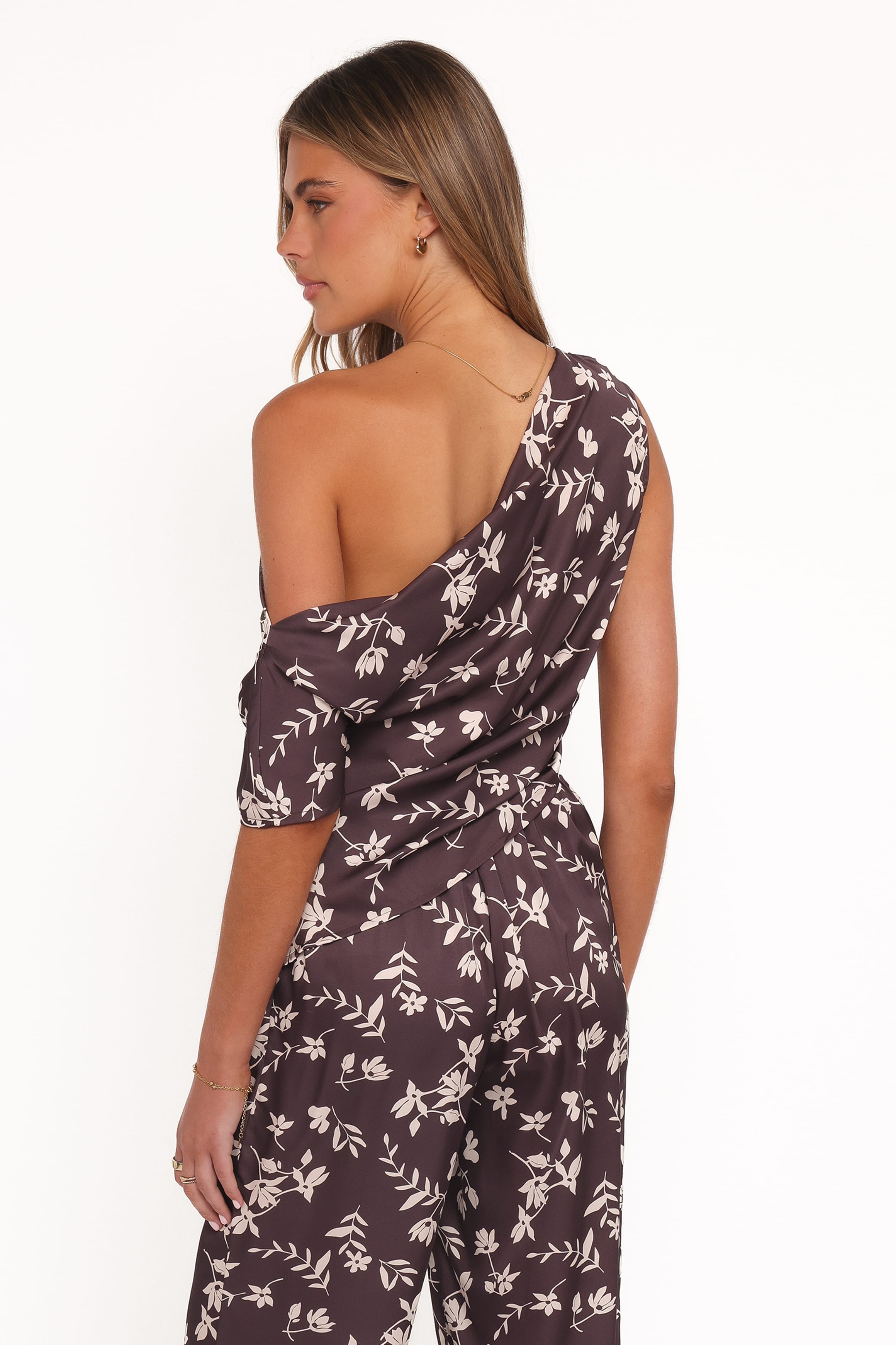 TOPS Romola Off Shoulder Top - Brown Cream Floral