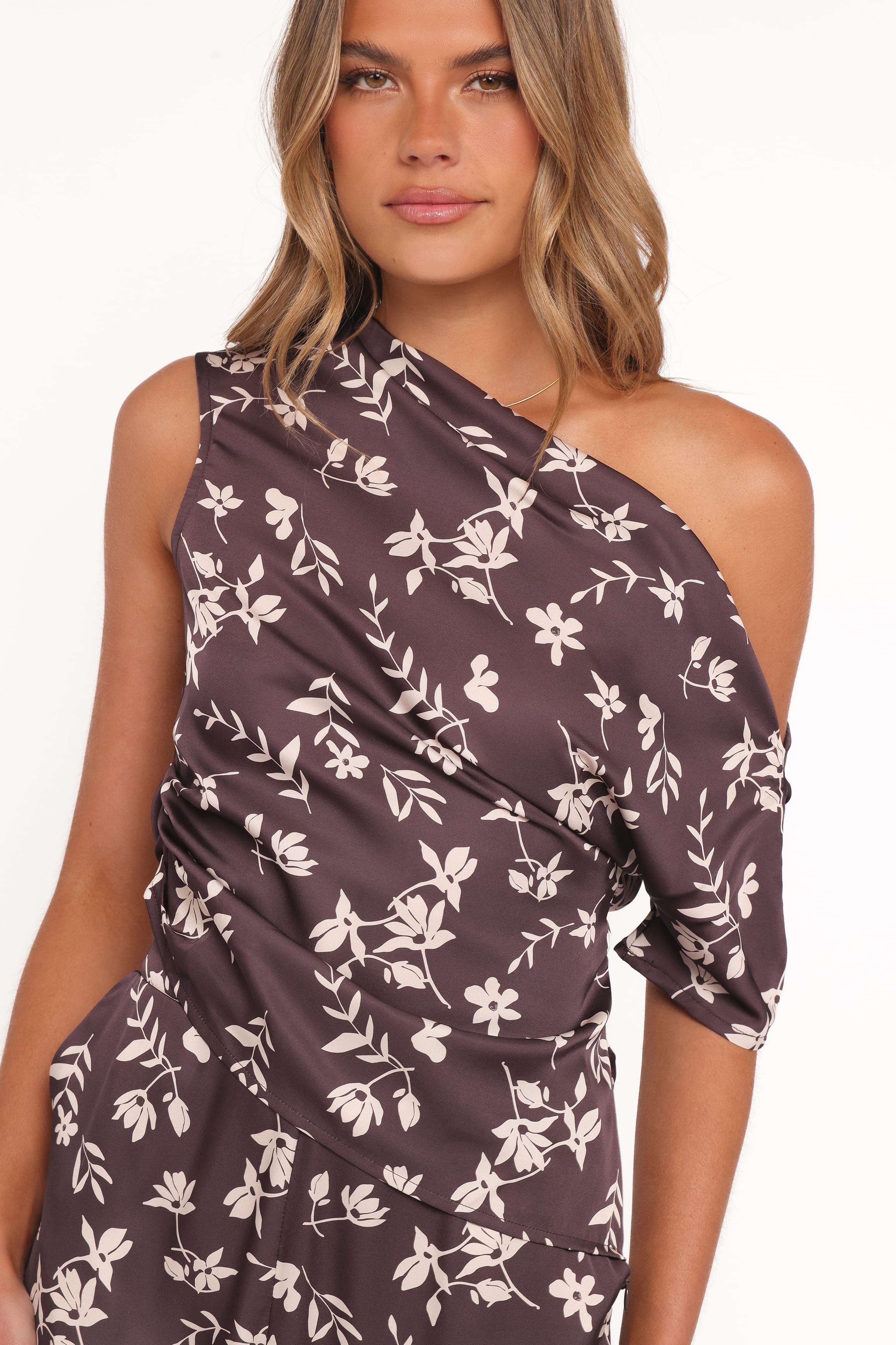 TOPS Romola Off Shoulder Top - Brown Cream Floral