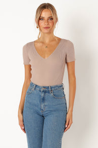 TOPS @Rosa Knit Short Sleeve Bodysuit - Mocha