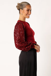 TOPS @Rowan Sequin Sleeve Top - Burgundy