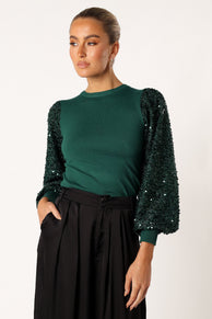 TOPS @Rowan Sequin Sleeve Top - Green