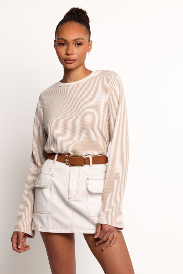 TOPS Ruva Long Sleeve Tee - Beige White Stripe