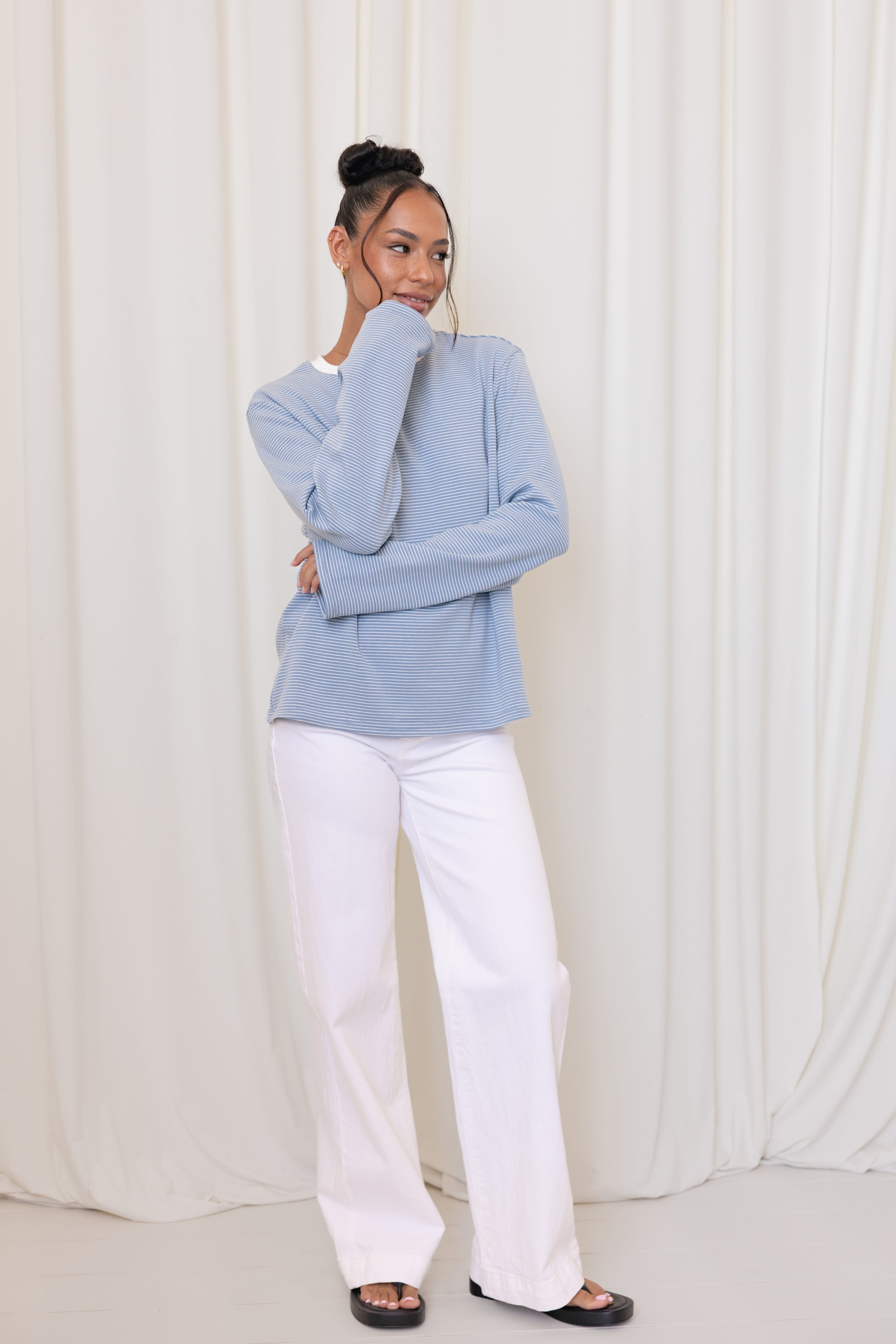 TOPS Ruva Long Sleeve Tee - Blue White Stripe