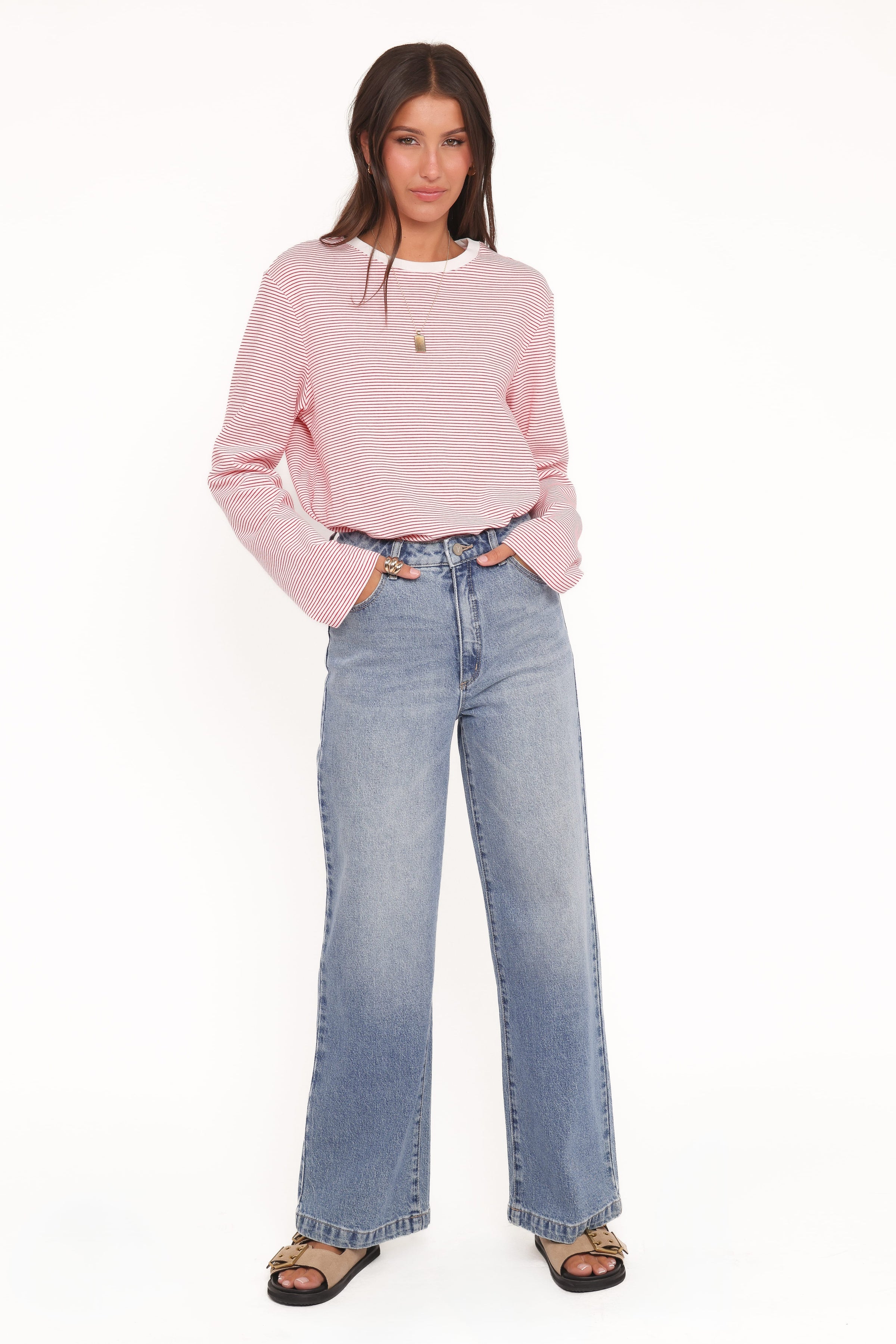 TOPS Ruva Long Sleeve Tee - Red White Stripe