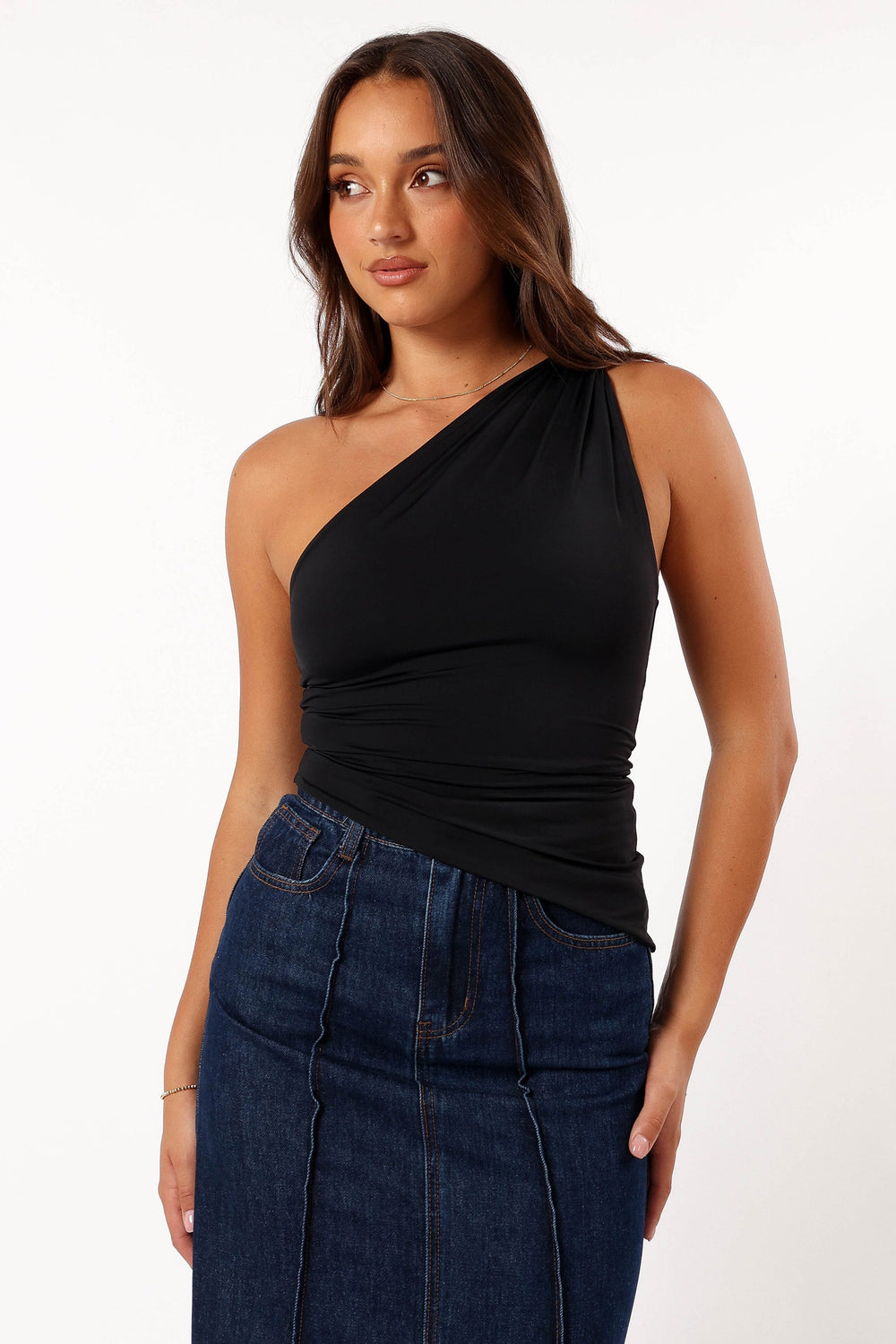 TOPS @Samantha One Shoulder Top - Black (Hold for Cool Beginnings)