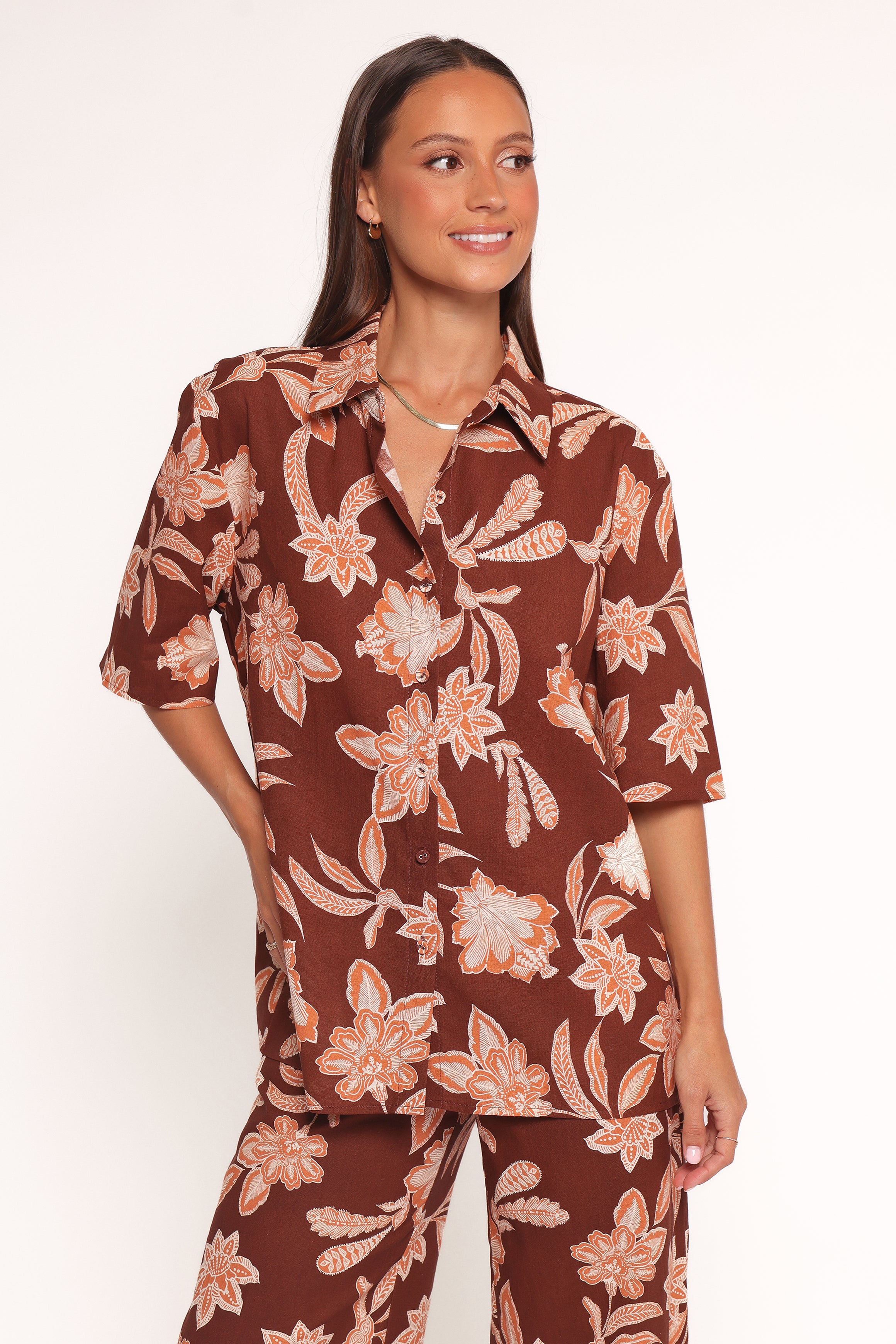 TOPS Samira Short Sleeve Shirt - Orange Floral
