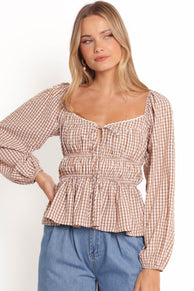TOPS Saphia Top - Brown Check