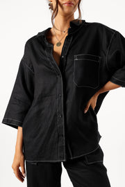 TOPS @Sara Contrast Stitch Shirt - Black