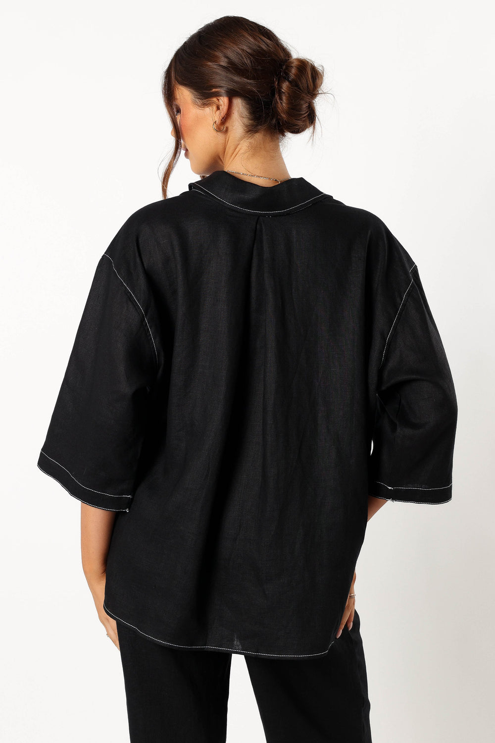 TOPS @Sara Contrast Stitch Shirt - Black