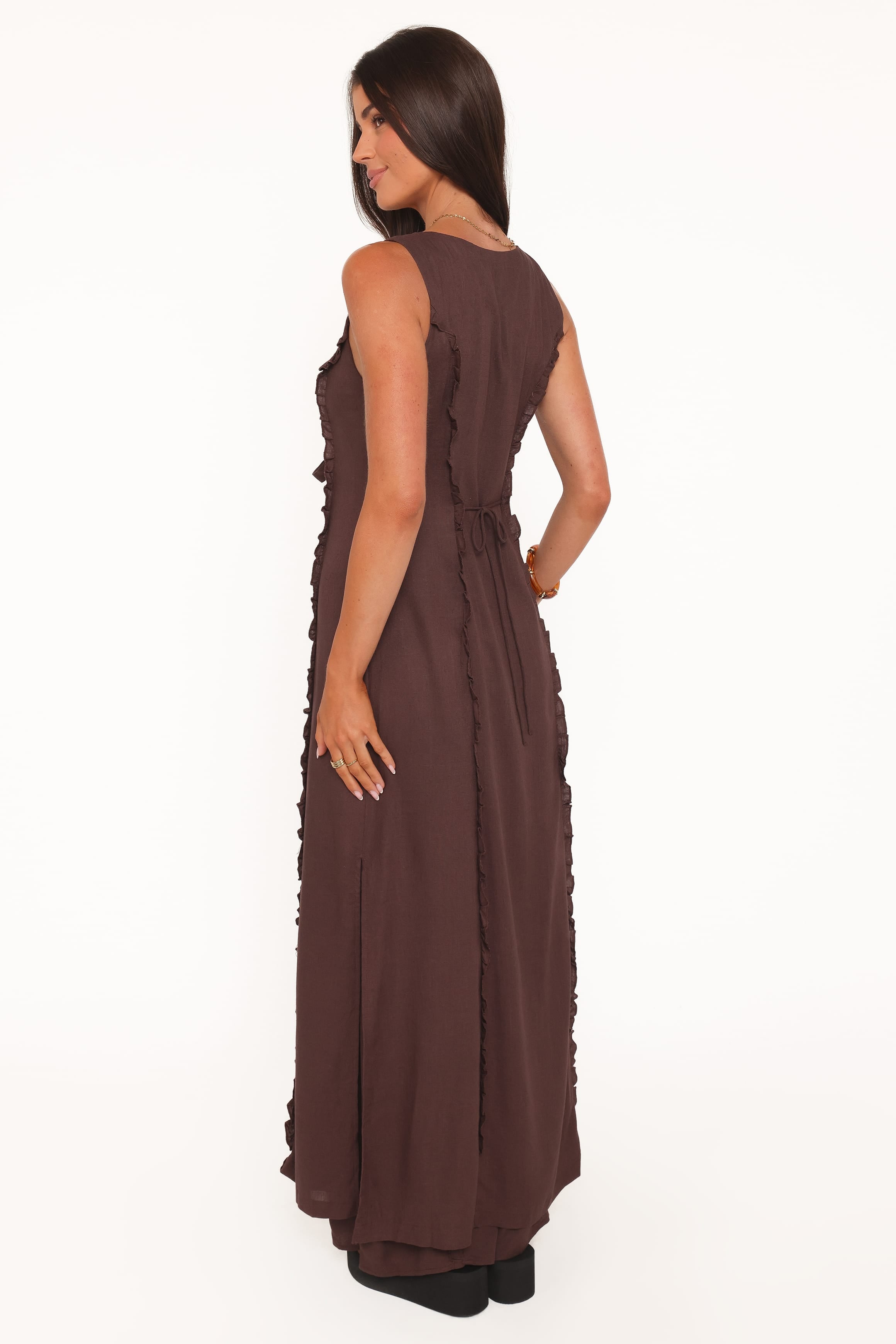 TOPS Sasha Frill Tie Front Top - Dark Brown