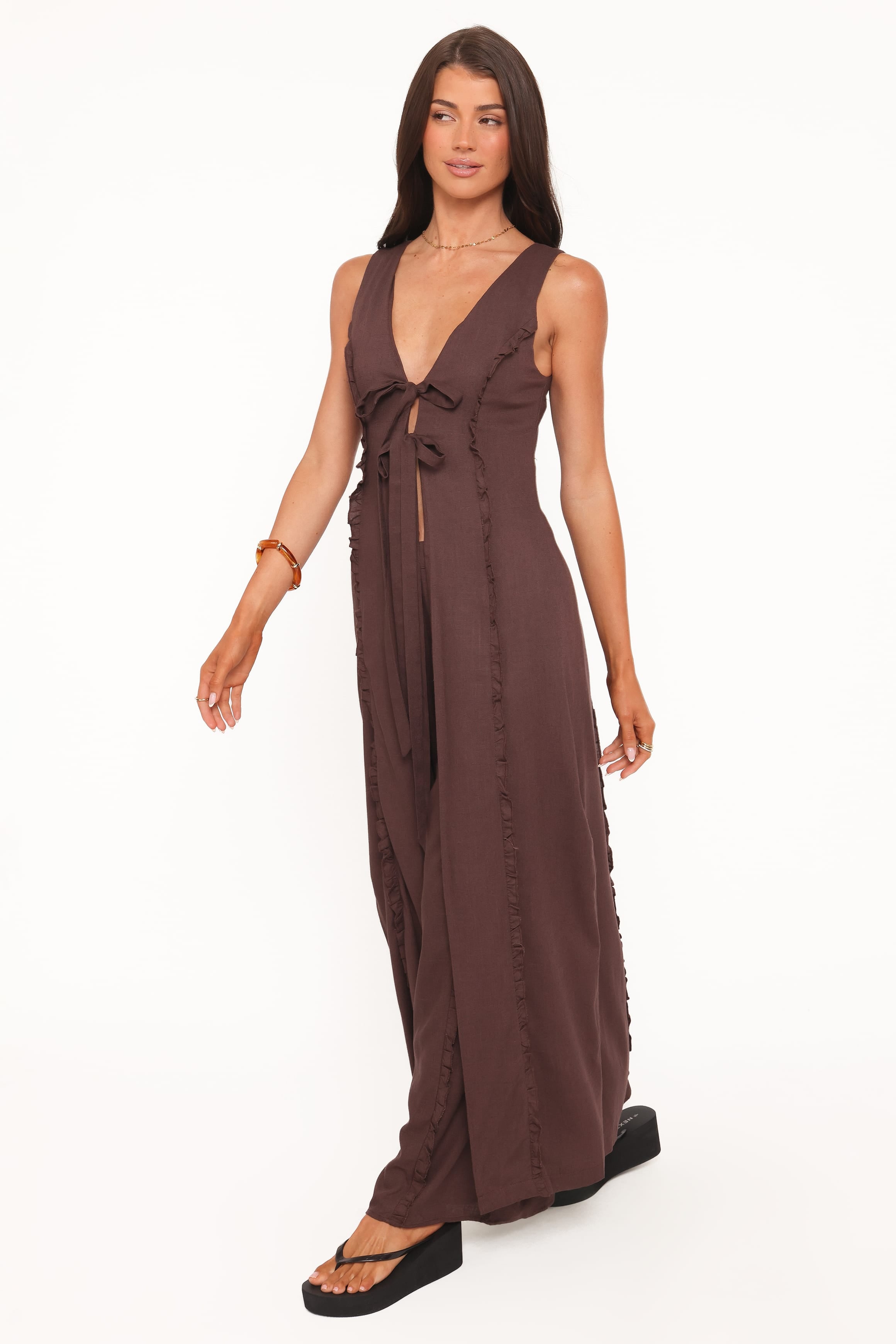 TOPS Sasha Frill Tie Front Top - Dark Brown