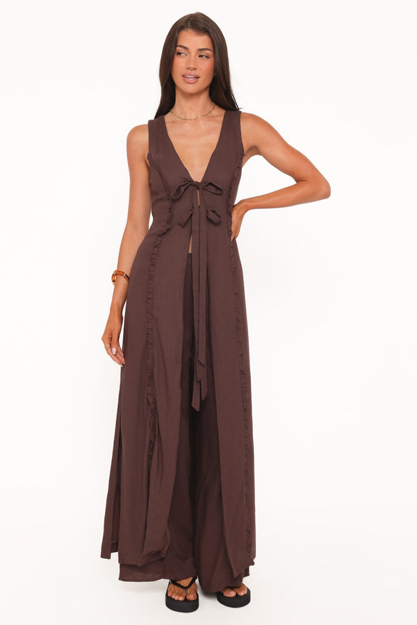 TOPS Sasha Frill Tie Front Top - Dark Brown