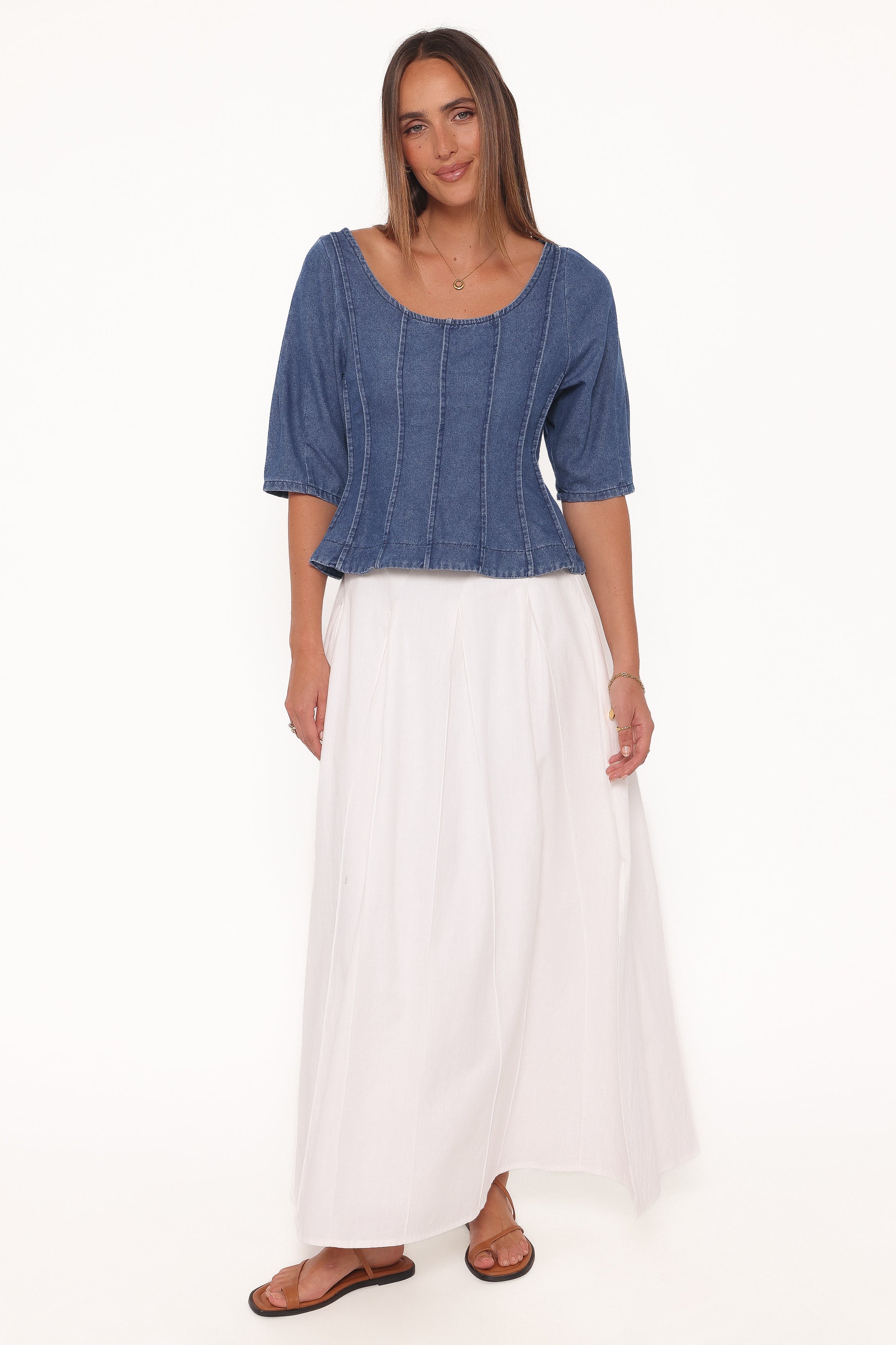 TOPS Saylor Denim Peplum Top - Blue Medium Wash