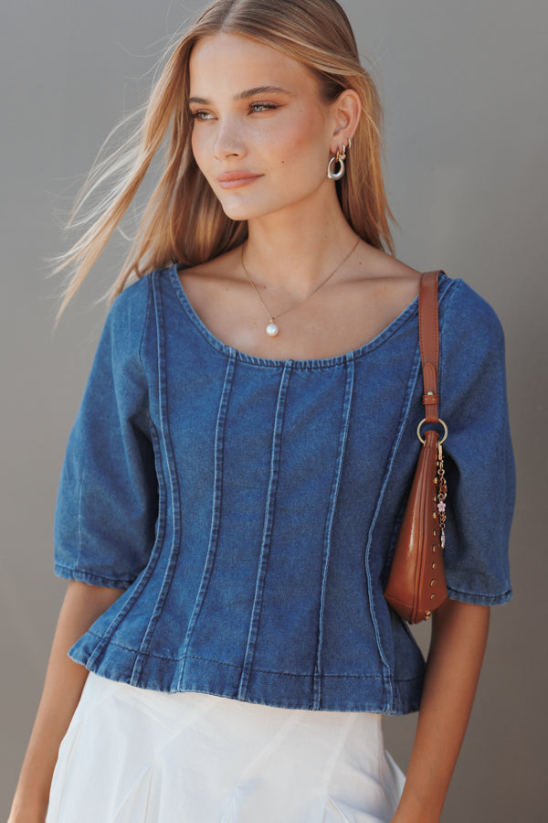 TOPS Saylor Denim Peplum Top - Blue Medium Wash