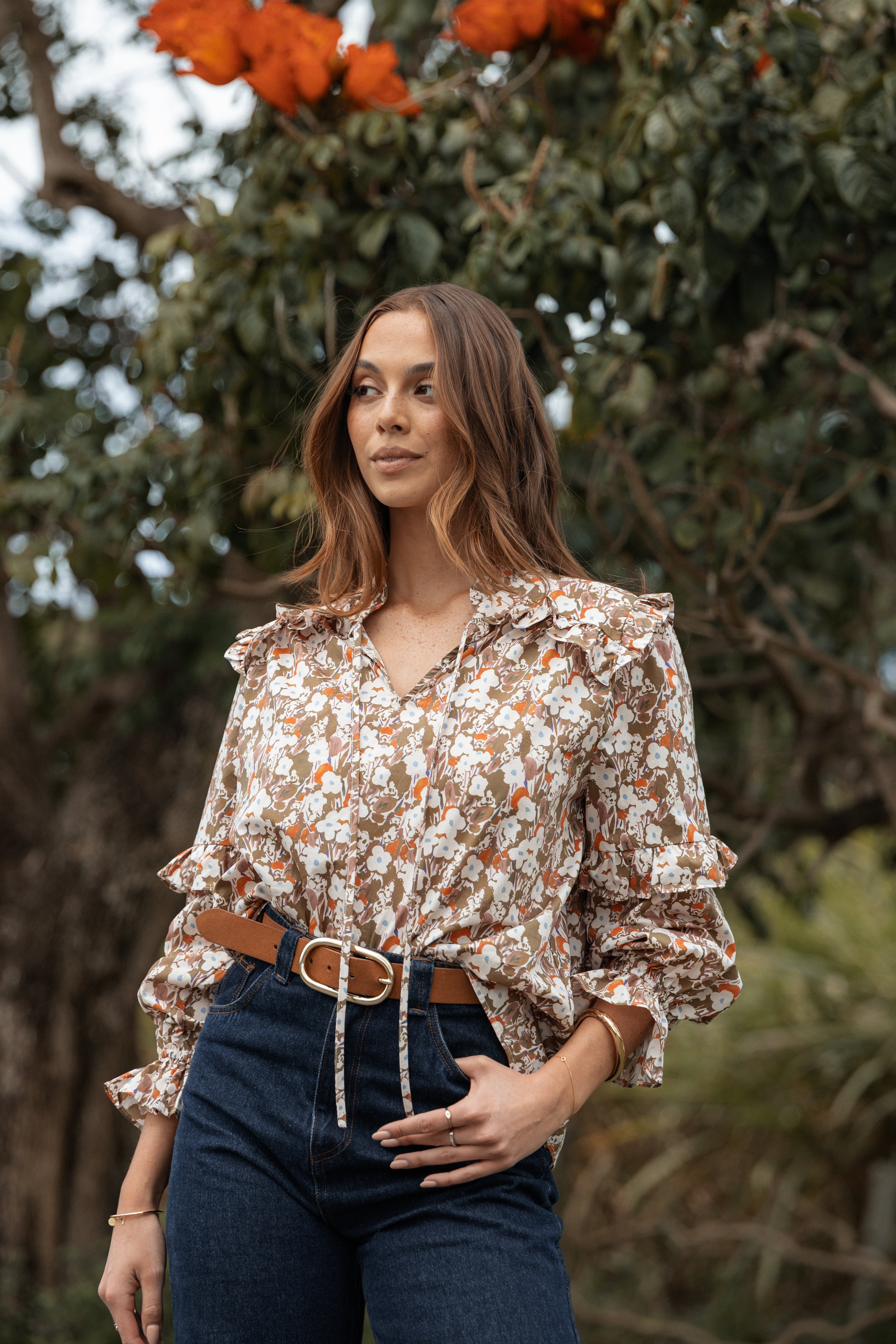 TOPS Selmah Long Sleeve Top - Cream Olive Orange