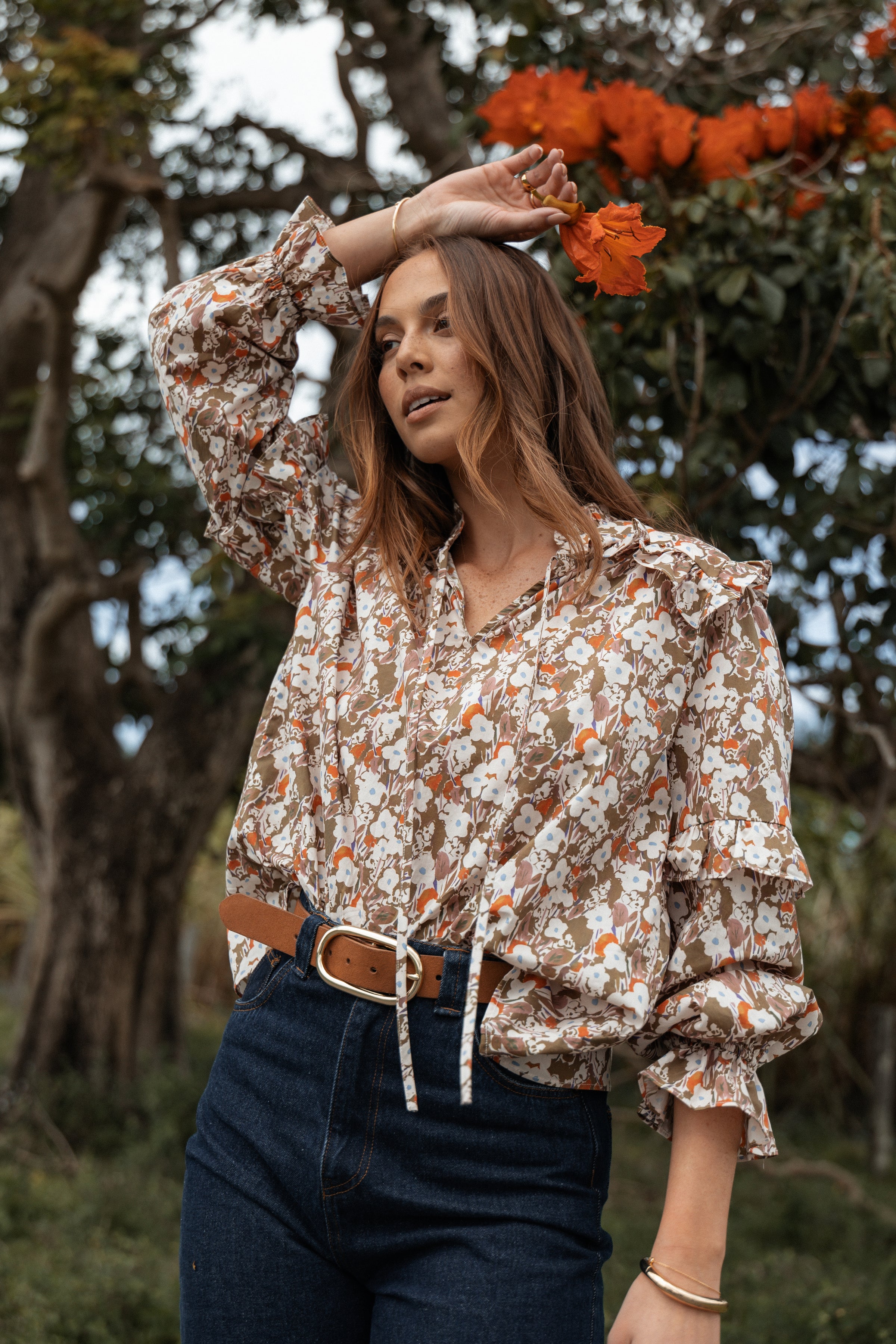 TOPS Selmah Long Sleeve Top - Cream Olive Orange