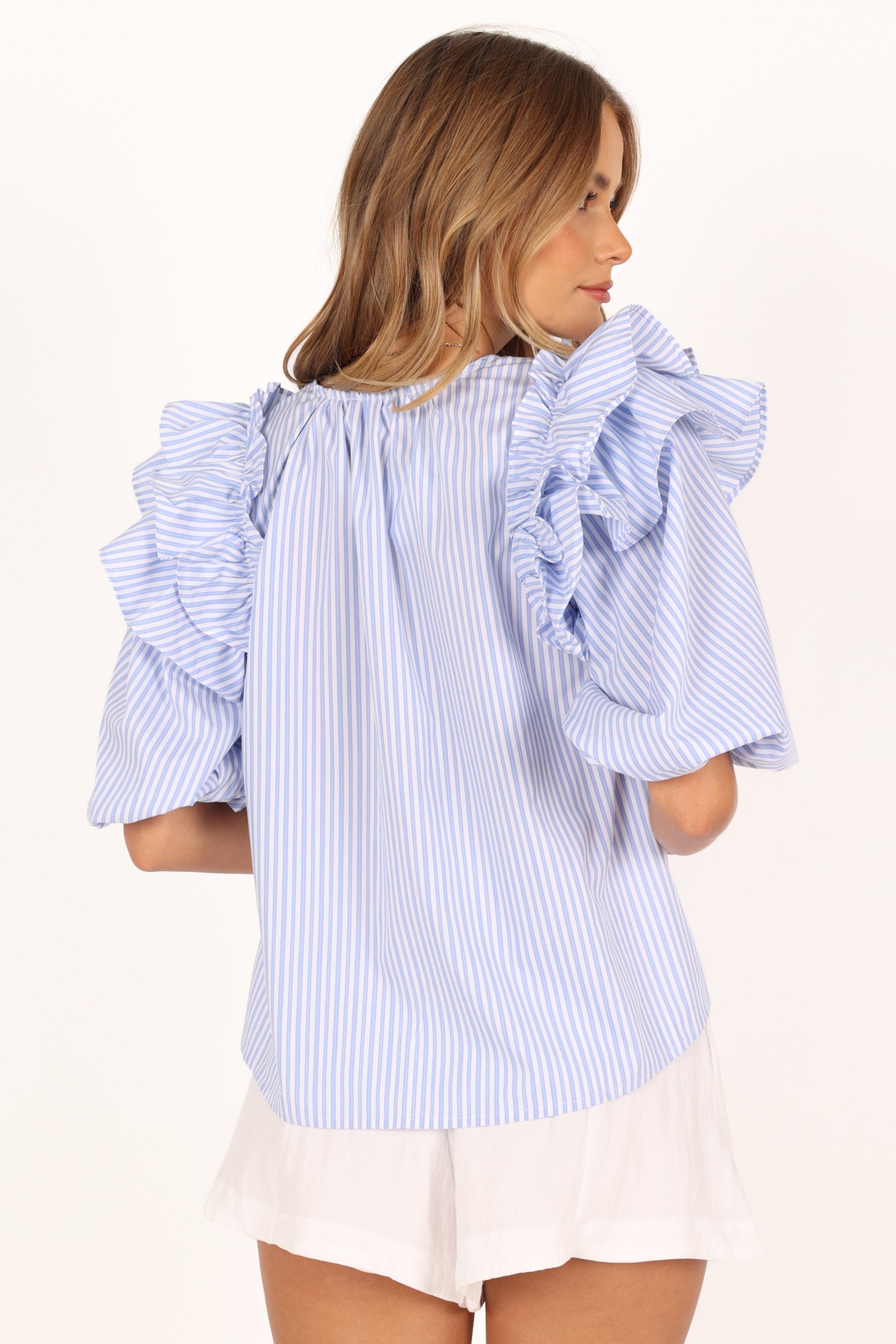 TOPS @Shonee Puff Sleeve Top - Blue