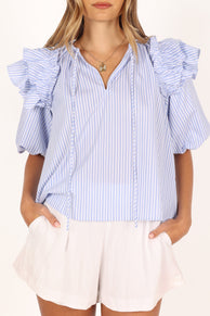 TOPS @Shonee Puff Sleeve Top - Blue