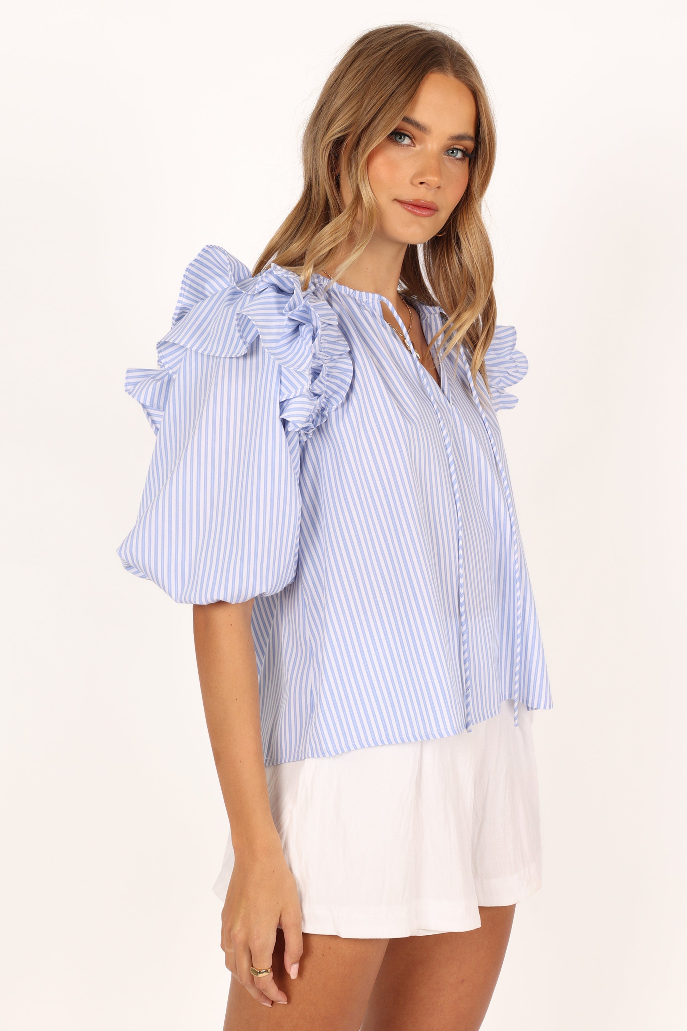 TOPS @Shonee Puff Sleeve Top - Blue