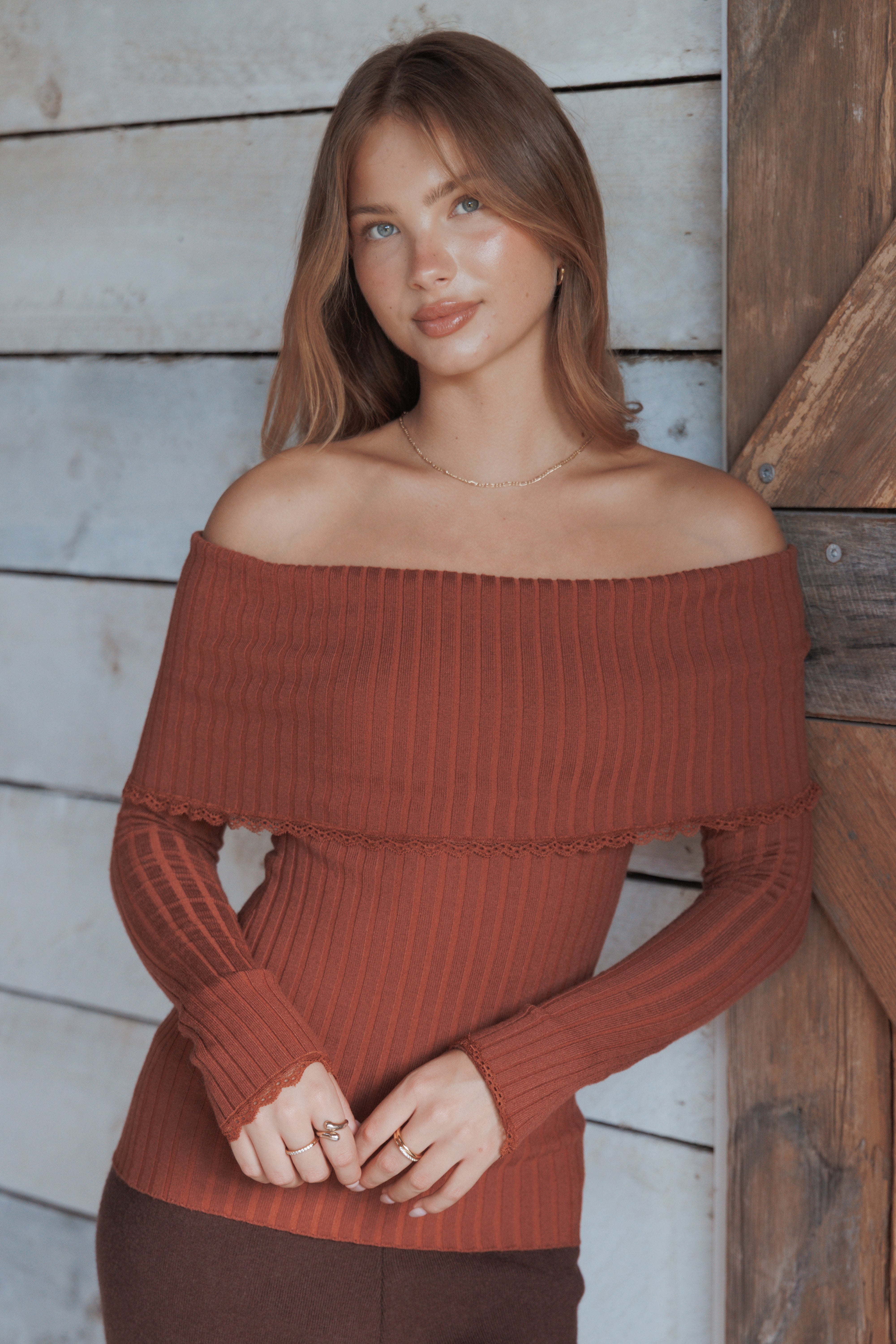 TOPS Sirmione Off Shoulder Pointelle Top - Burgundy