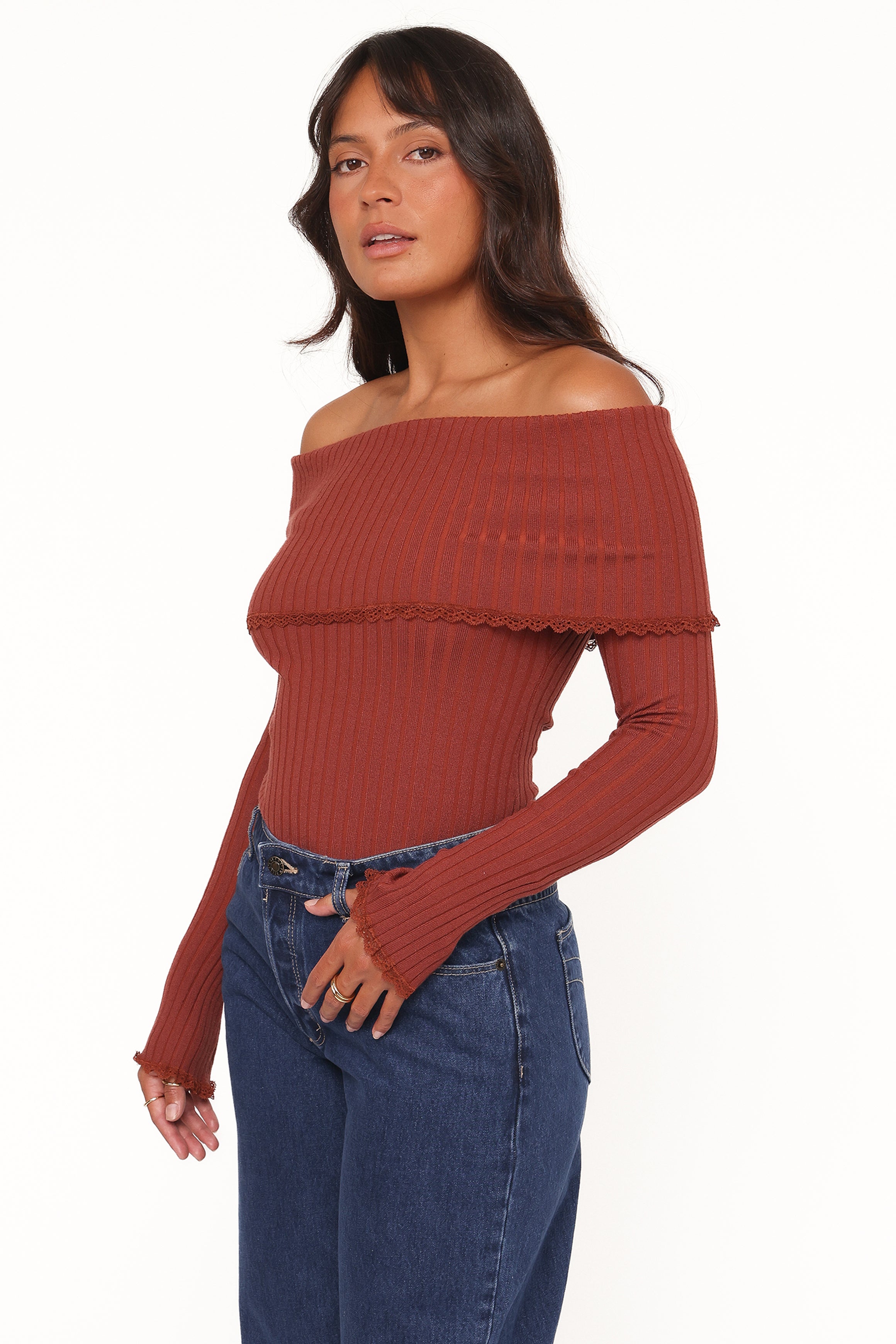 TOPS Sirmione Off Shoulder Pointelle Top - Burgundy
