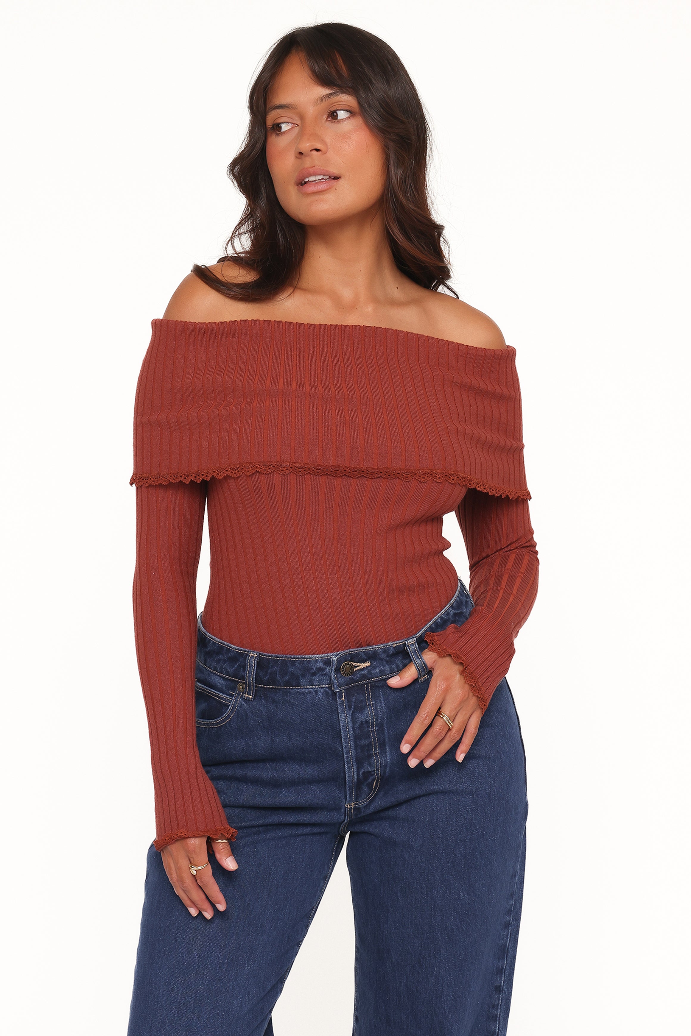 TOPS Sirmione Off Shoulder Pointelle Top - Burgundy