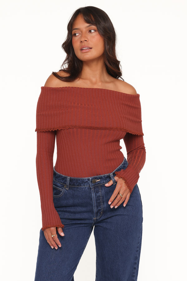 TOPS Sirmione Off Shoulder Pointelle Top - Burgundy