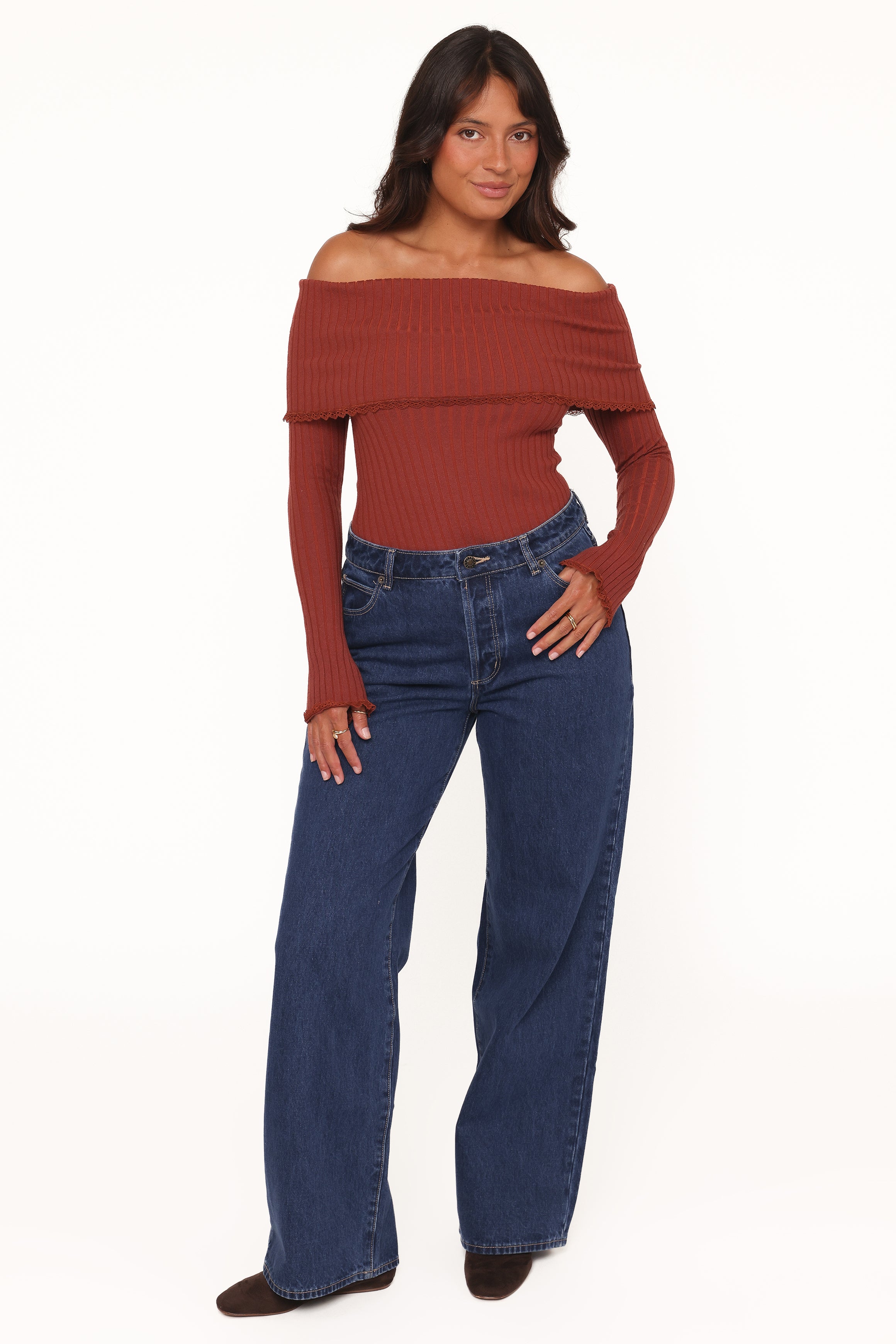 TOPS Sirmione Off Shoulder Pointelle Top - Burgundy