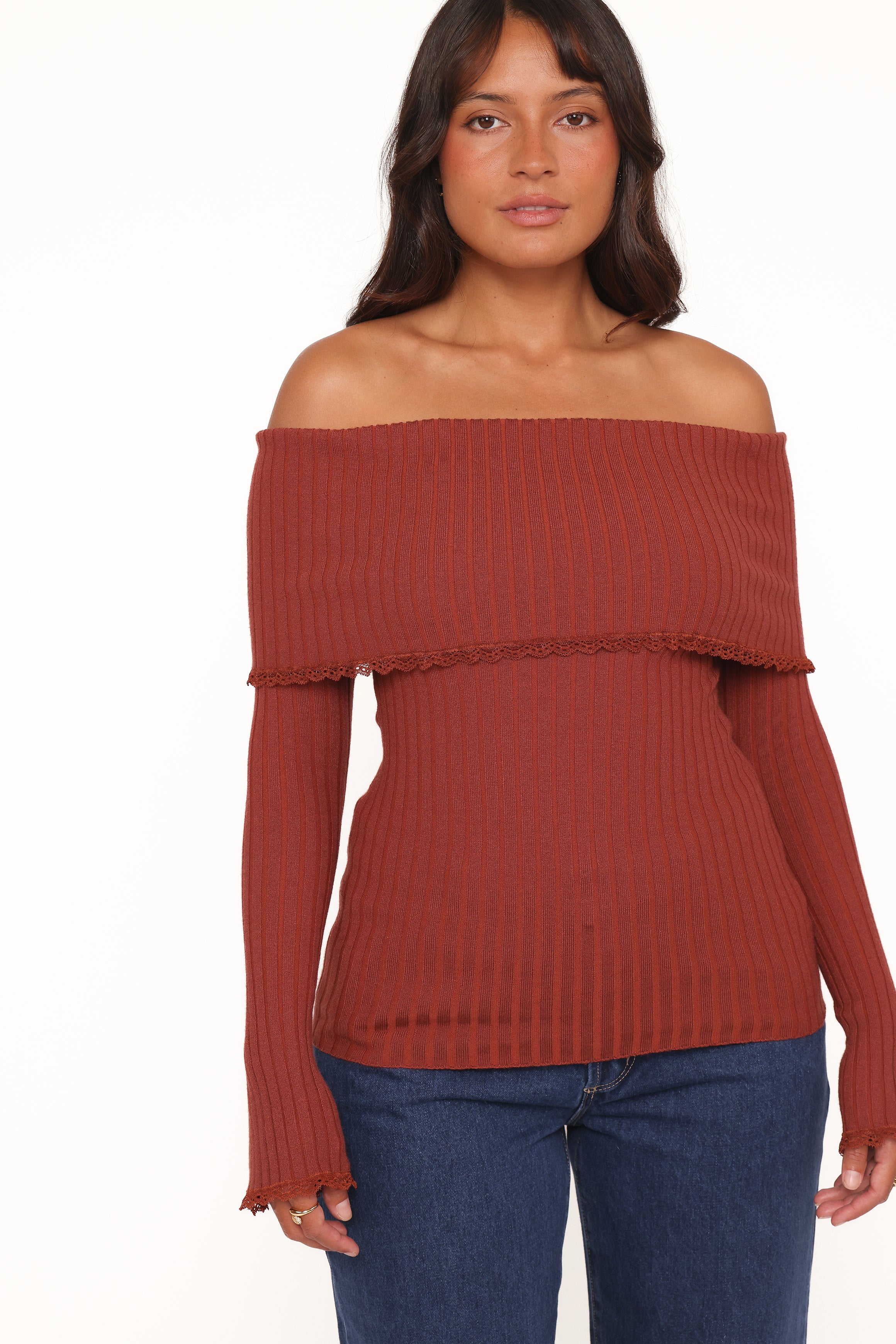 TOPS Sirmione Off Shoulder Pointelle Top - Burgundy