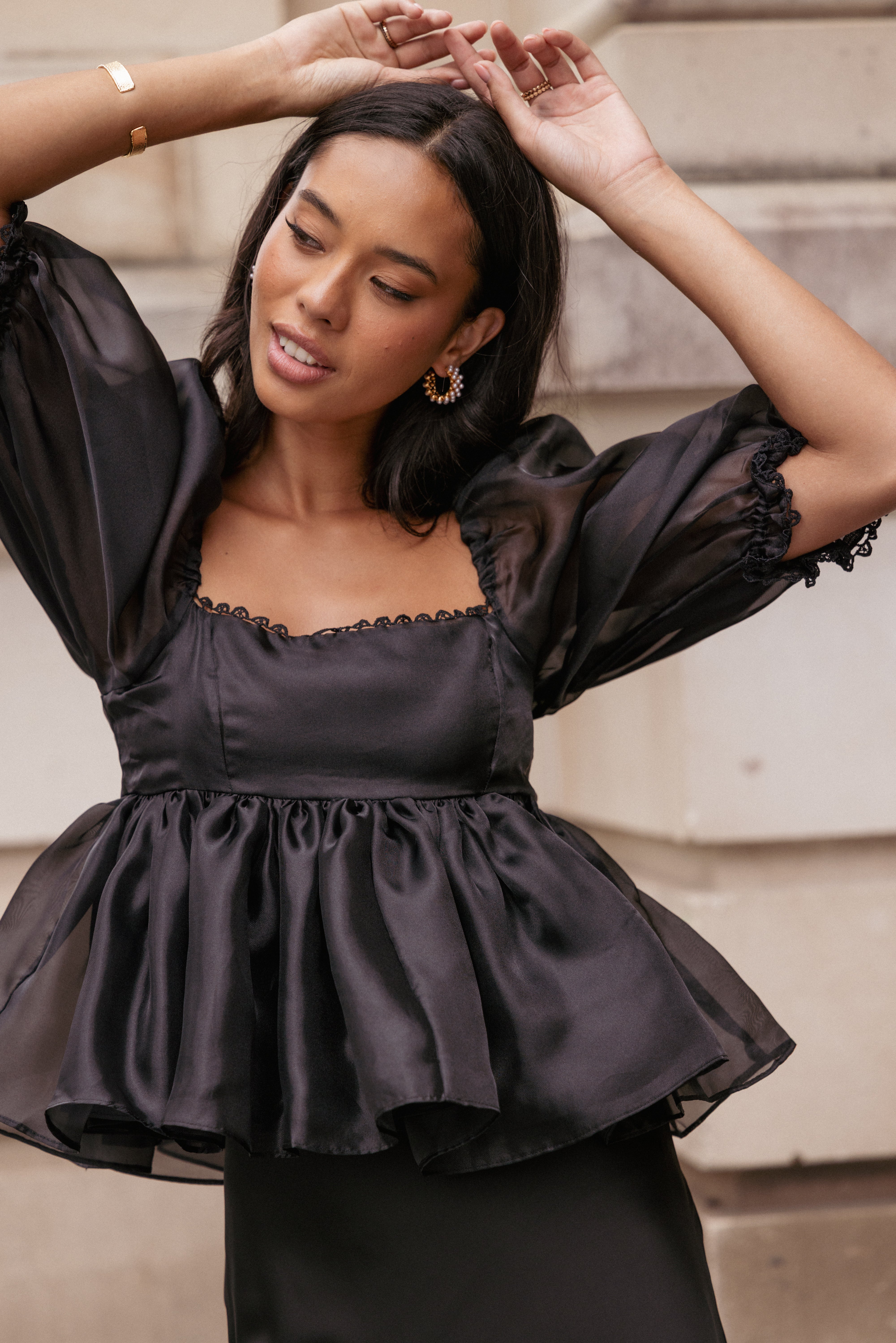 TOPS Solenne Puff Sleeve Peplum Organza Top - Black