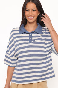 TOPS Sophia Short Sleeve Rugby Top - Blue/White Stripe