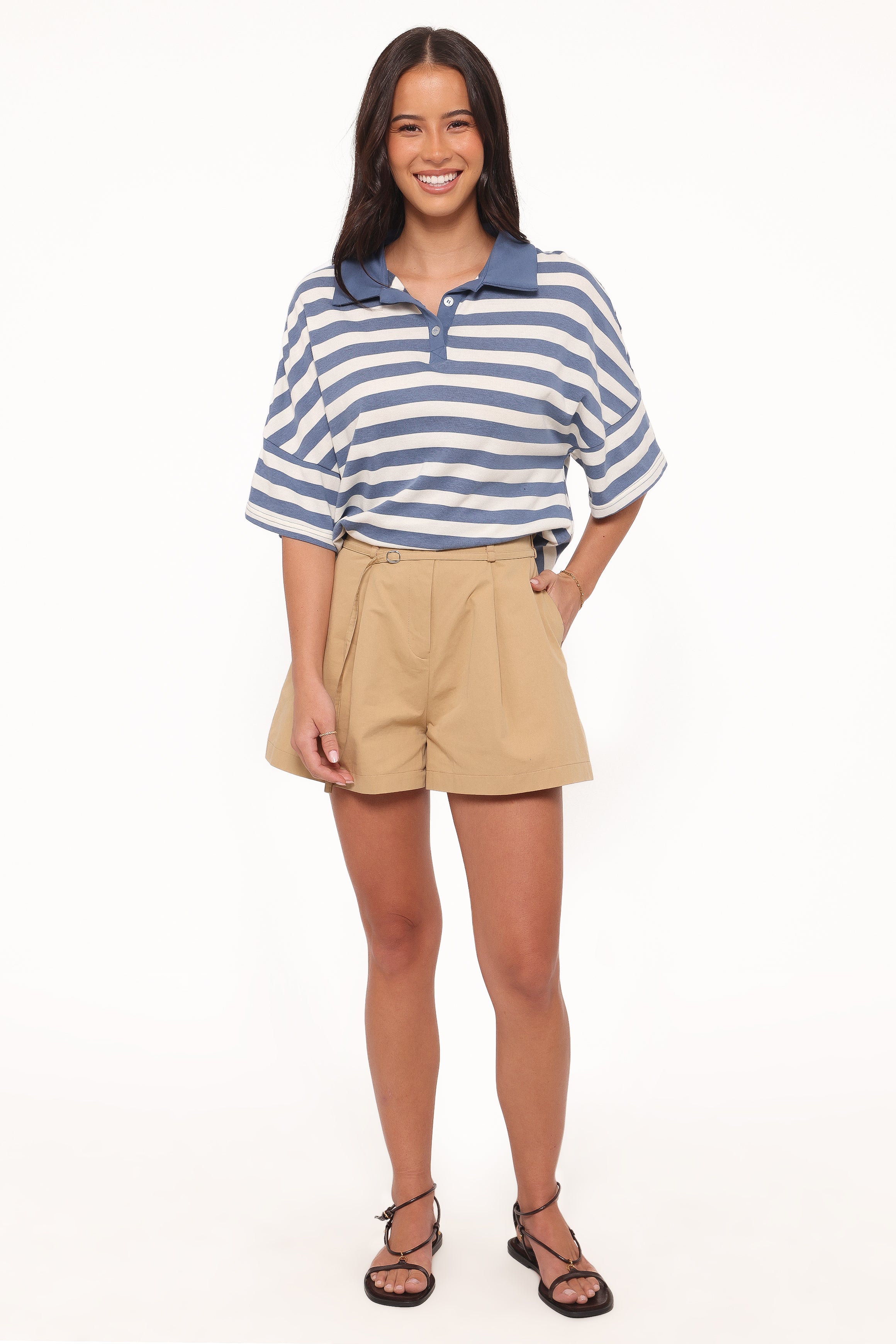 TOPS Sophia Short Sleeve Rugby Top - Blue/White Stripe