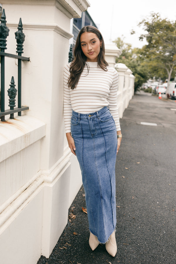 TOPS Stacie Ribbed Knit Top - Beige Stripe