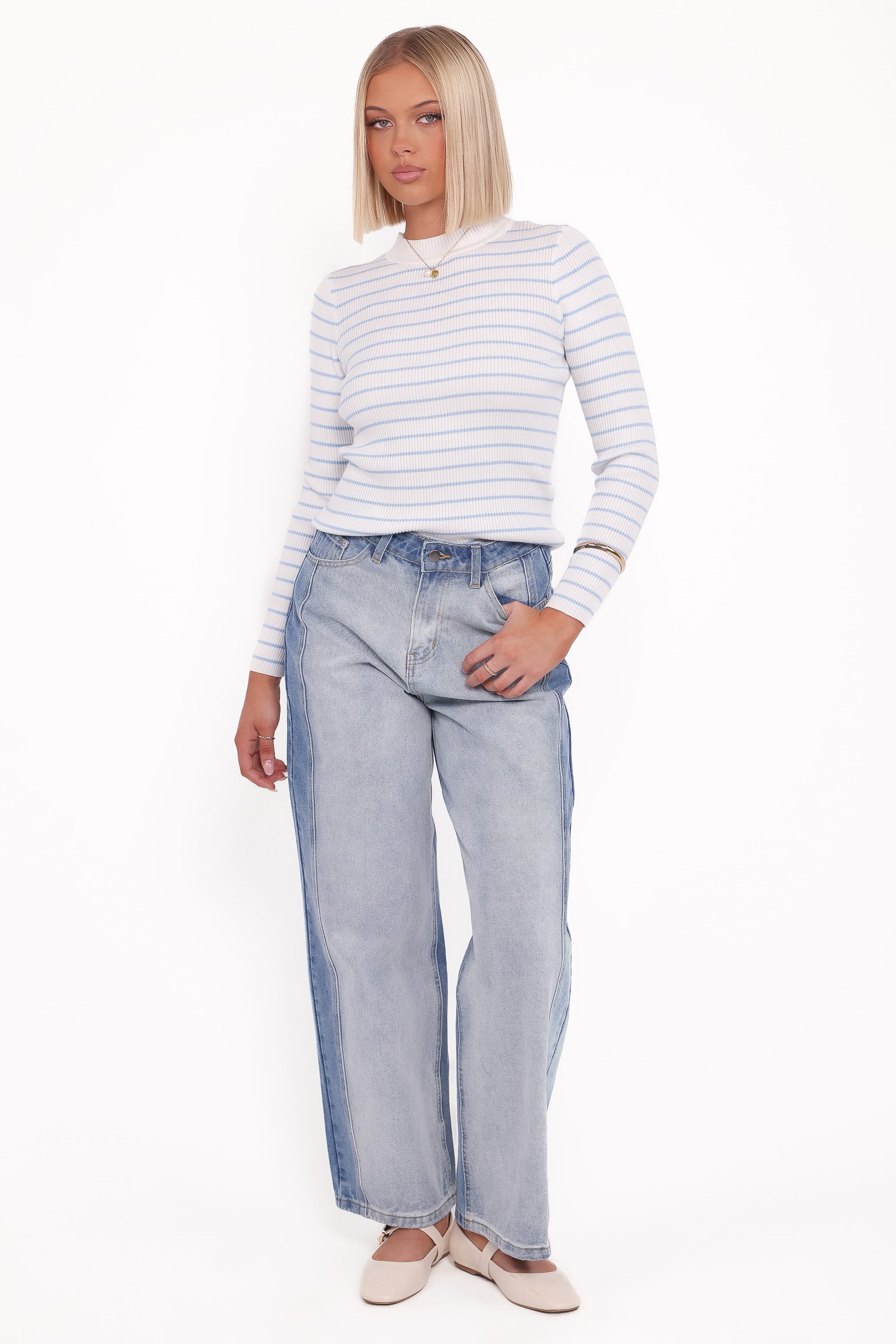 TOPS Stacie Ribbed Knit Top - Light Blue Stripe