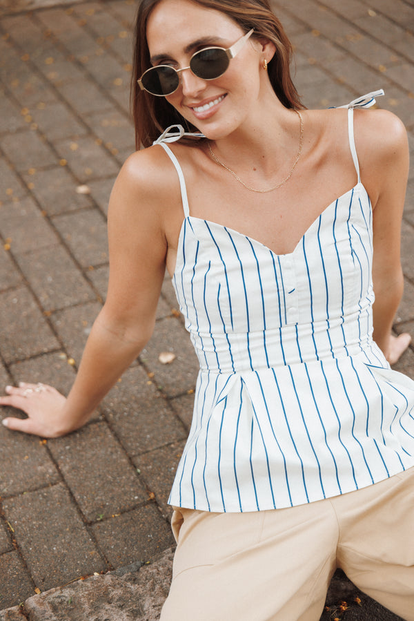 TOPS Sybella Pleat Front Peplum Tank - Blue/Yellow Stripe