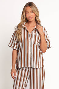 TOPS Thalia Short Sleeve Shirt - Chocolate Stripe