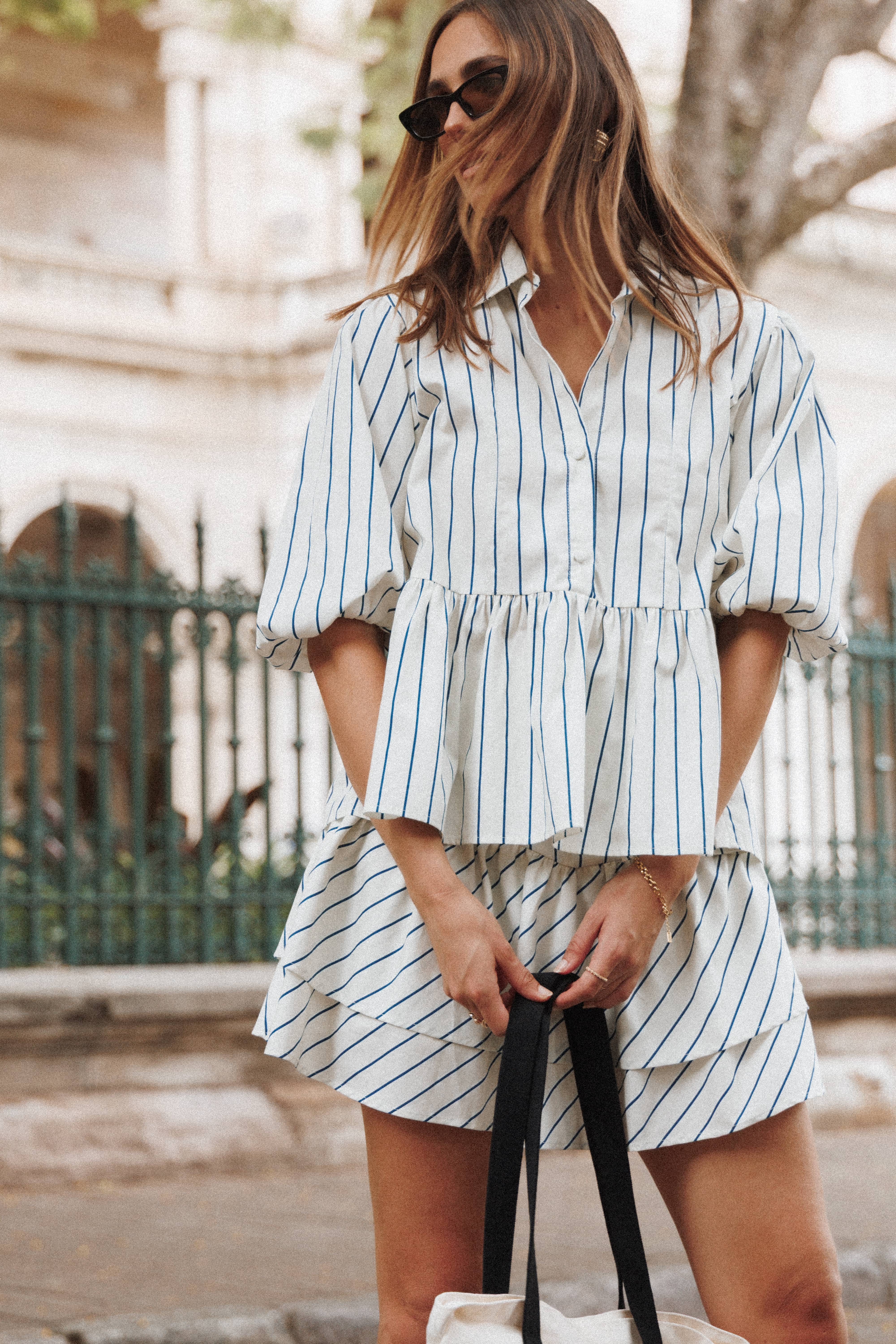 Thomas Short Sleeve Peplum Top - Yellow/Blue Stripe | Petal & Pup