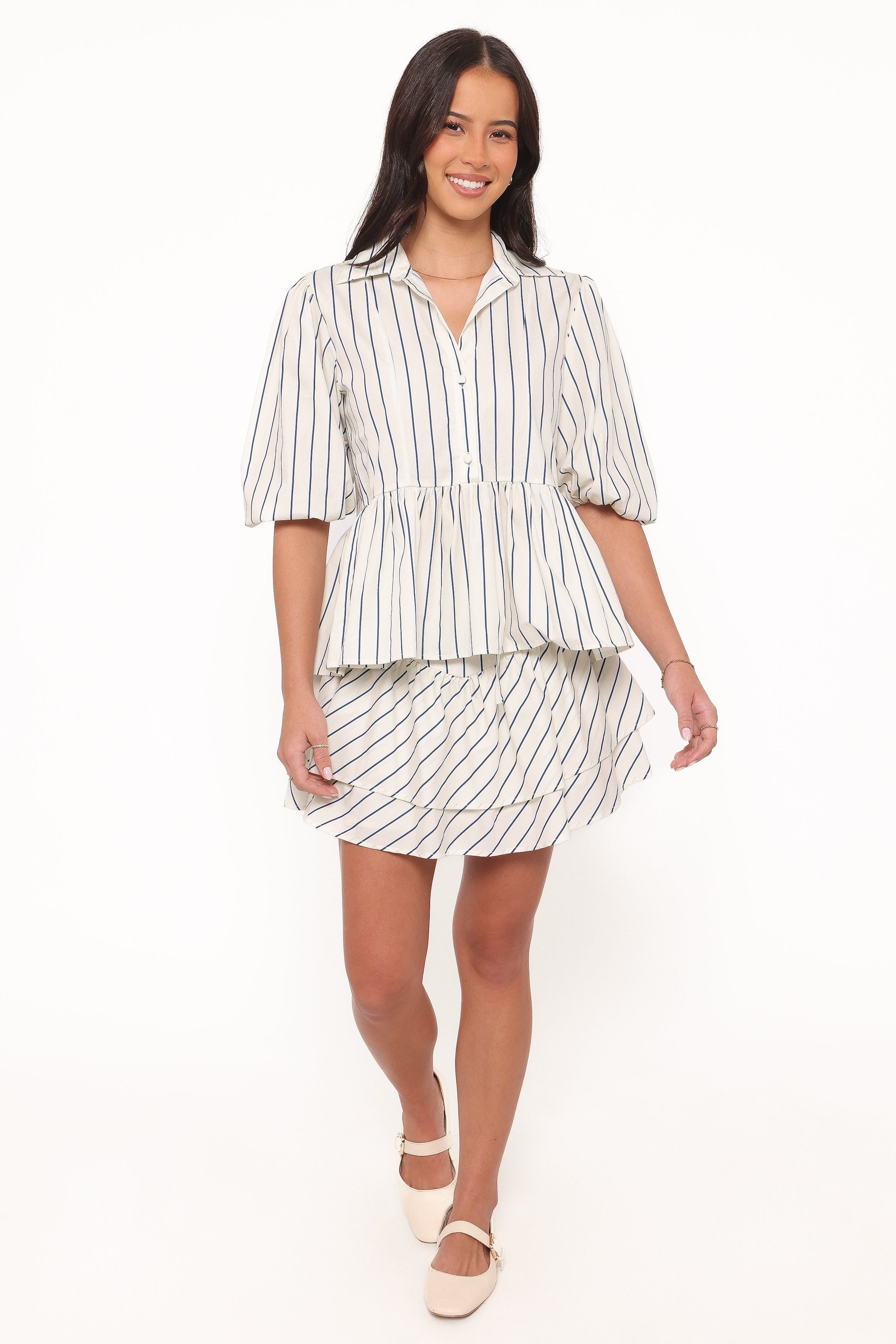 TOPS Thomas Short Sleeve Peplum Top - Yellow/Blue Stripe