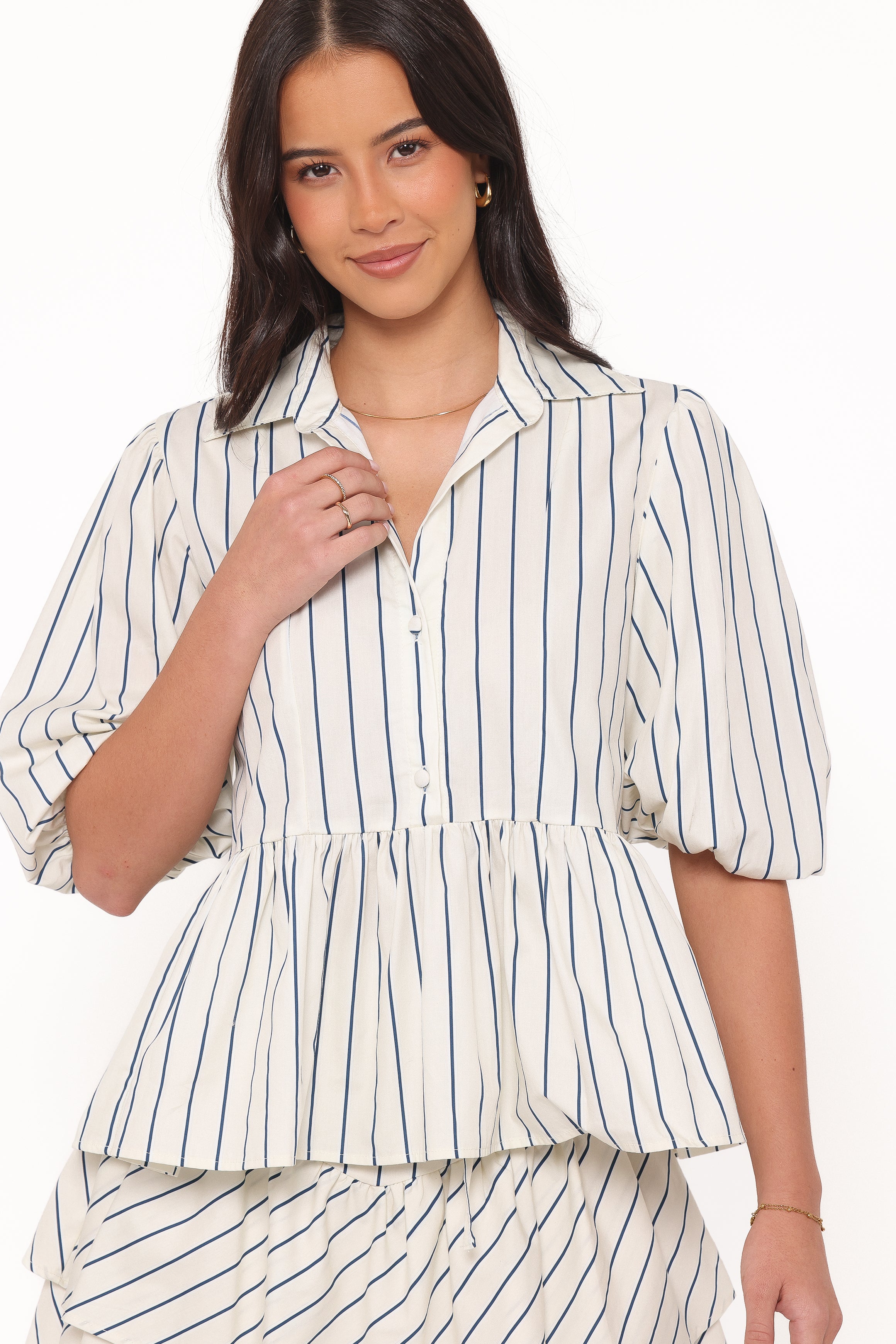 TOPS Thomas Short Sleeve Peplum Top - Yellow/Blue Stripe