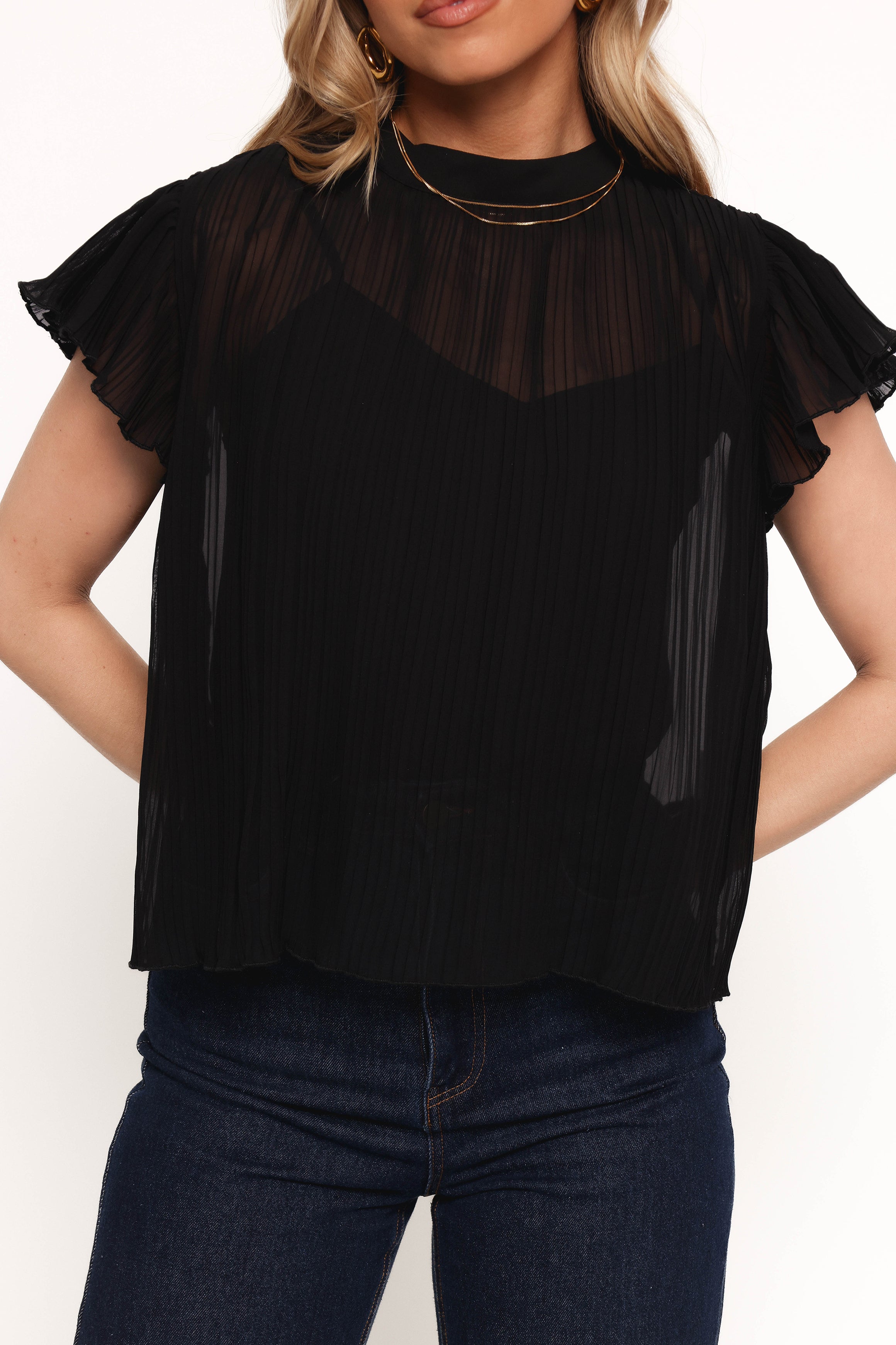 TOPS Topia Pleated Flutter Sleeve Top - Black