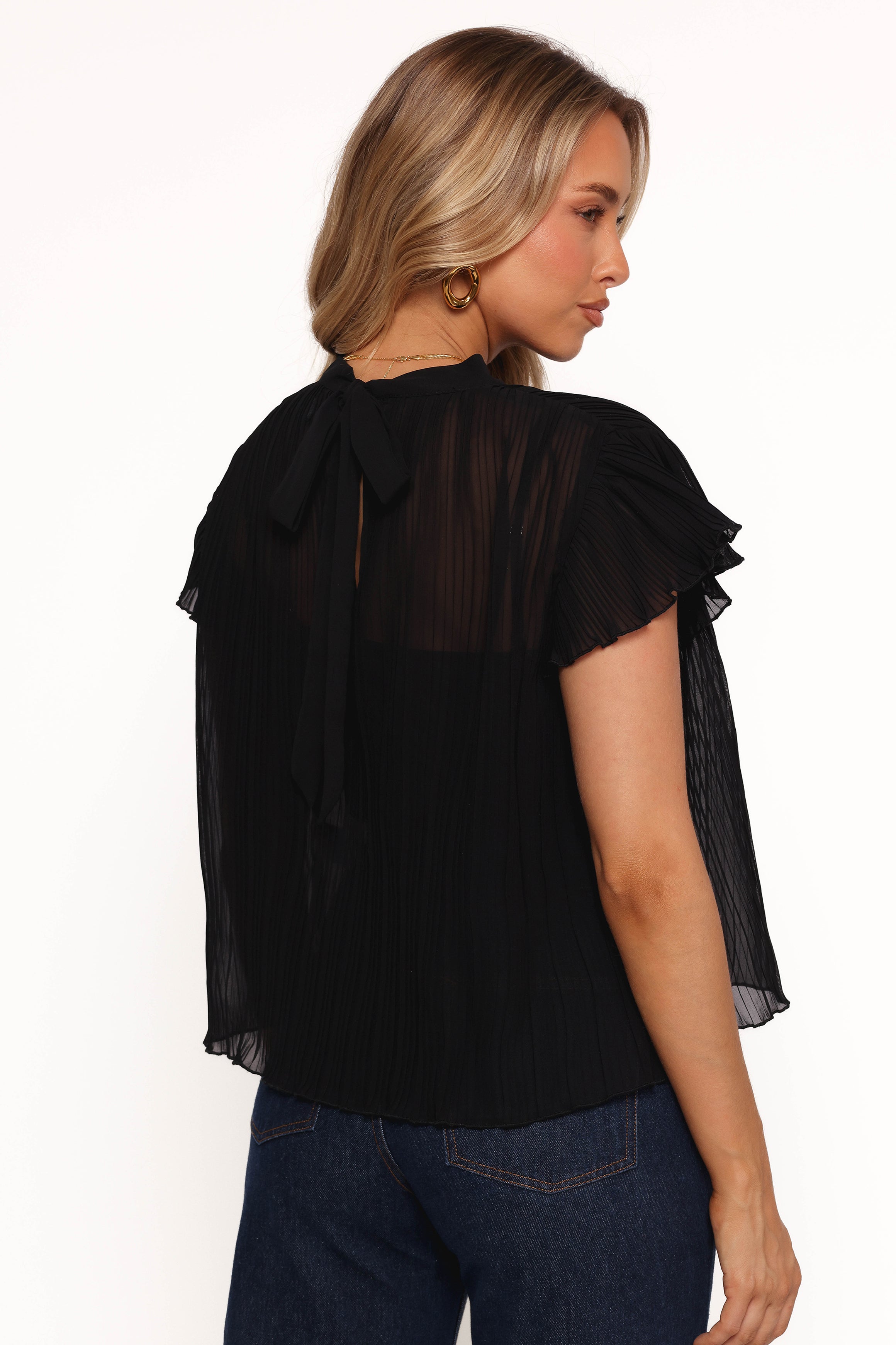 TOPS Topia Pleated Flutter Sleeve Top - Black