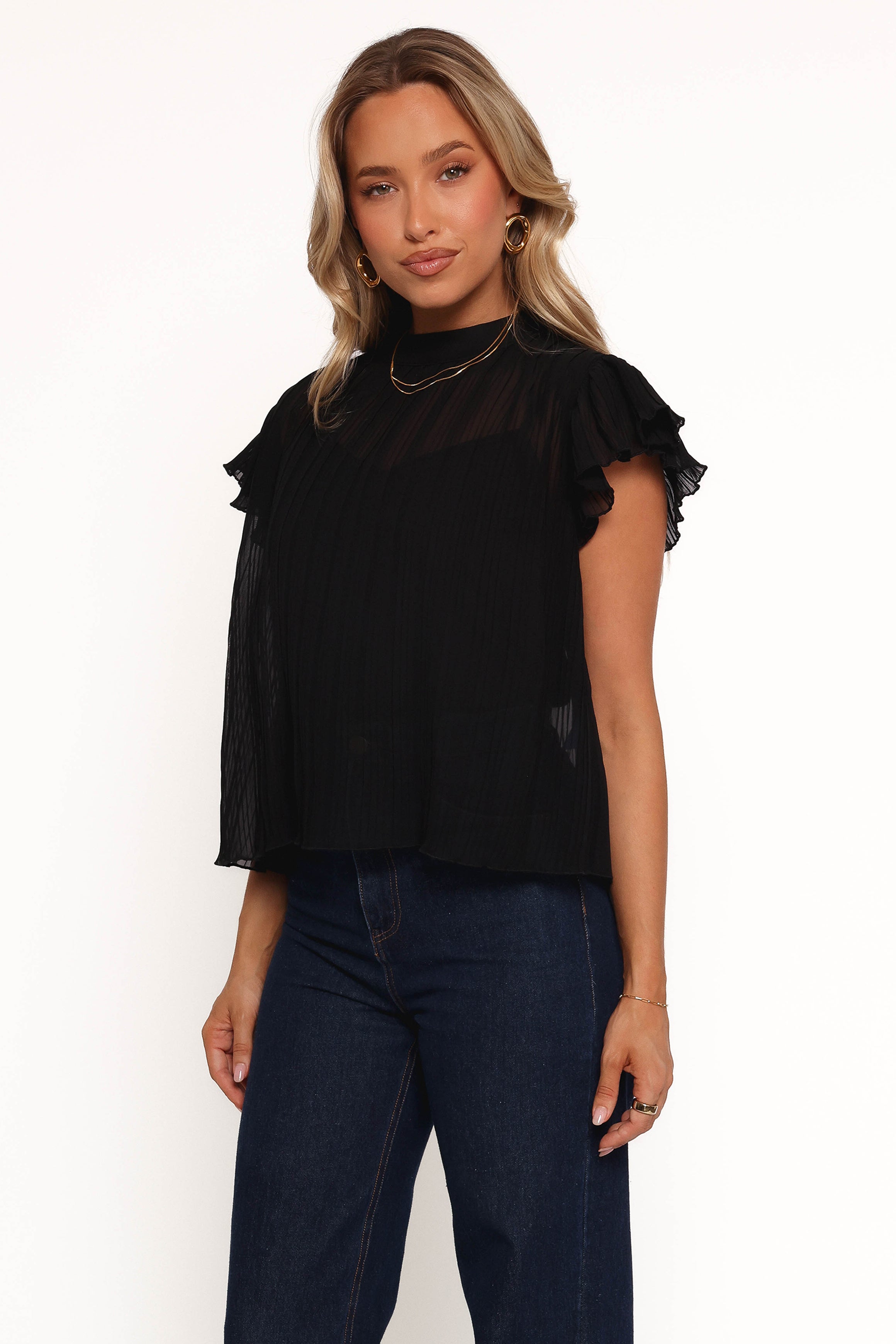 TOPS Topia Pleated Flutter Sleeve Top - Black