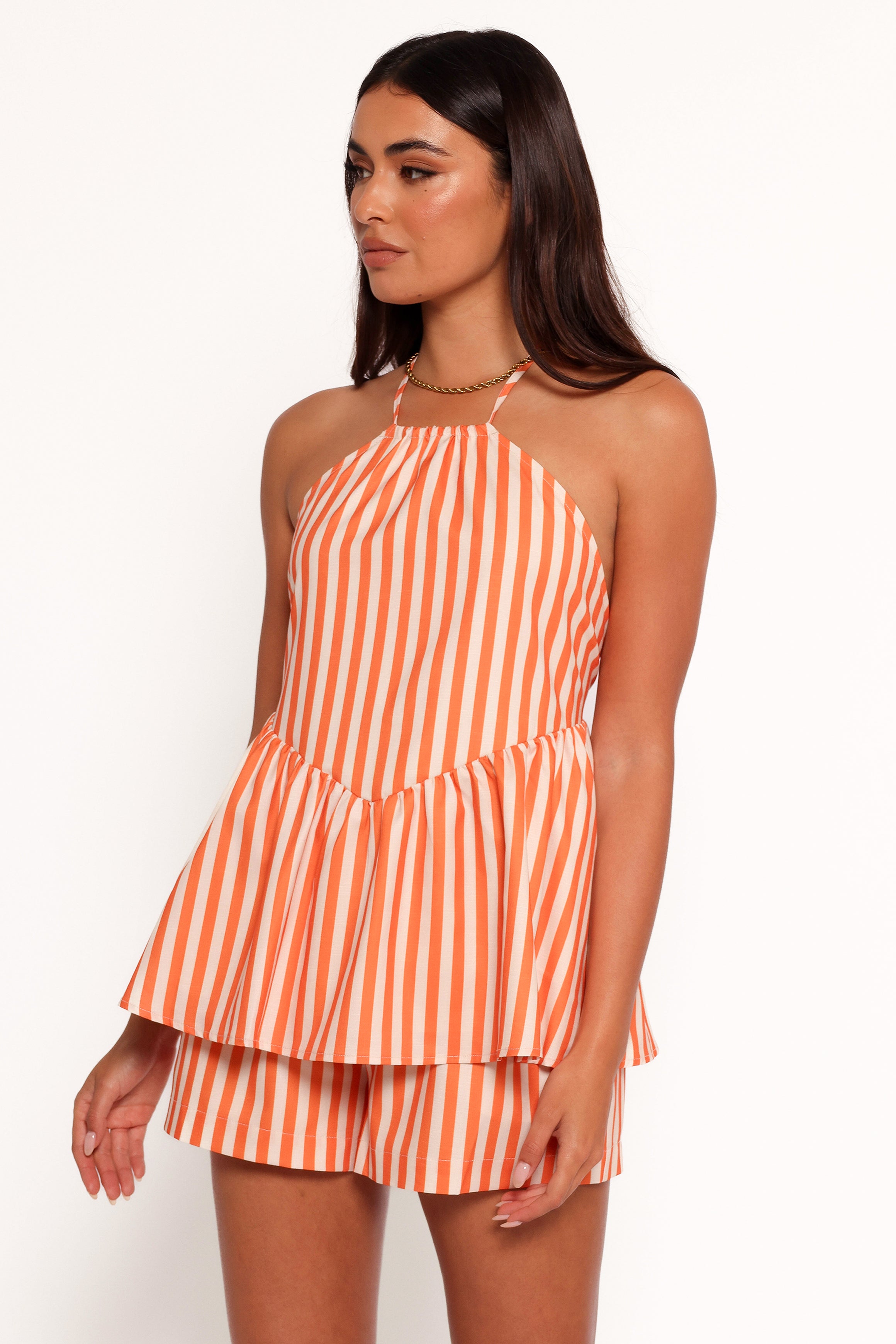 TOPS Valencia Halterneck Top - Orange Beige Stripe