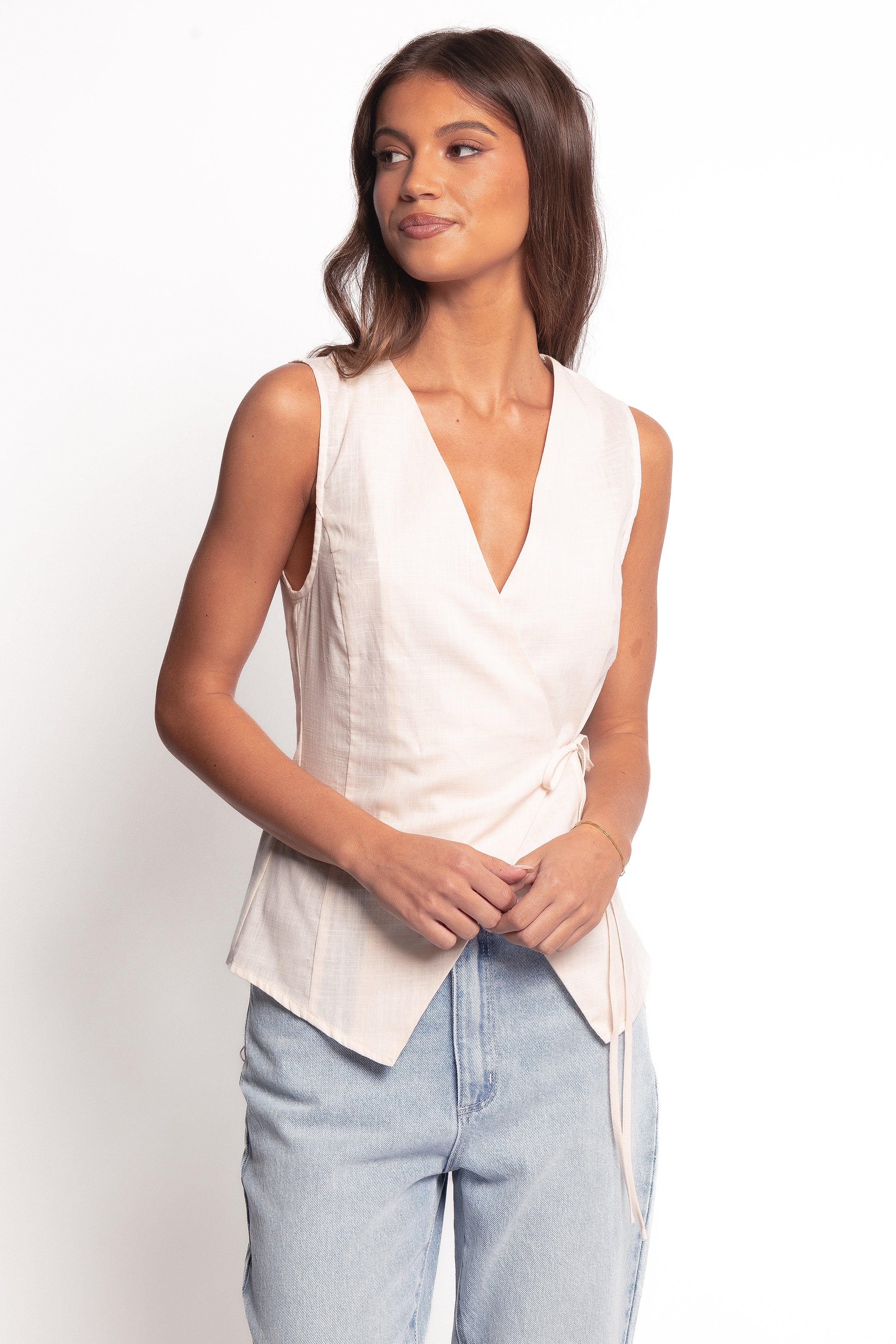 TOPS Vanni Wrap Front Linen Top - Cream